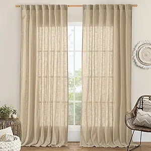 LAMIT 84 Inch Long Linen Curtains for Living Room 2 Panels Set, Light Filtering Semi Sheer Curtains Back Tab and Rod Pocket Neutral Panels for Bedroom, Brown, 60 x 84 Inch