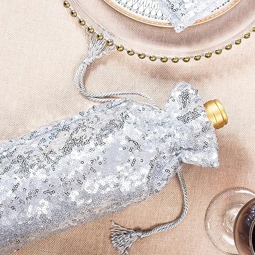 Miniatura 5 de Eternal Beauty 4 bolsas de regalo de vino con cordón, bolsa de regalo de botella de vino de lentejuelas para bodas de cumpleaños (14 x 6 pulgadas,