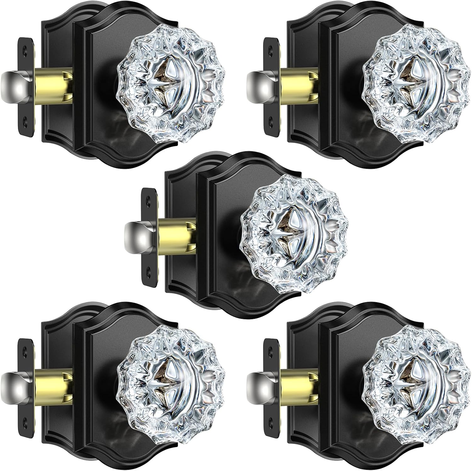 Glass Door Knobs, 5 Pack Passage Crystal Door Knobs, Black Glass Crystal Door Knobs Interior for Hall and Closet, Crystal Glass Door Knob Vintage, Matte Black