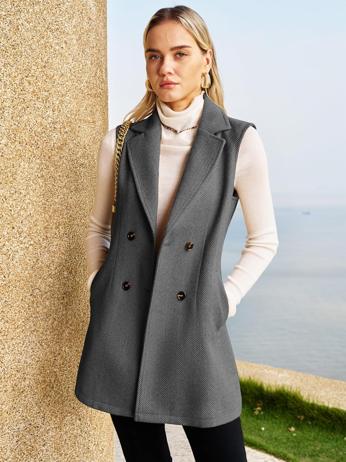 ELLEVEN Women’s Tweed Long Vest Sleeveless Herringbone Double Breasted Fall Winter Blazer Jackets Casual Fashion Outerwear - Image 5