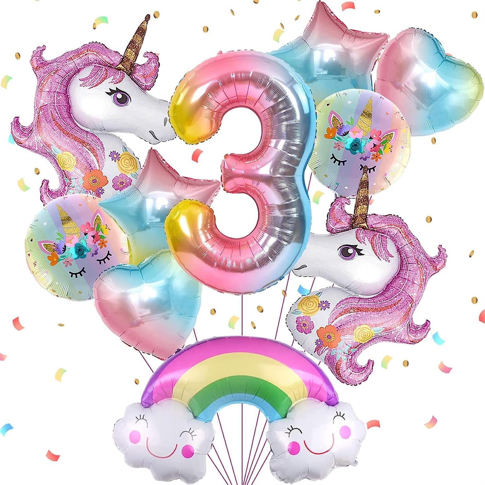 SOOFAM Unicorn Balloons Birthday Party Decorations for girls,10Pcs Unicorn Balloons Set with Rainbow, Heart, Star and Number 1 2 3 4 5 Foil Balloons for Birthday Party Decorations (3)