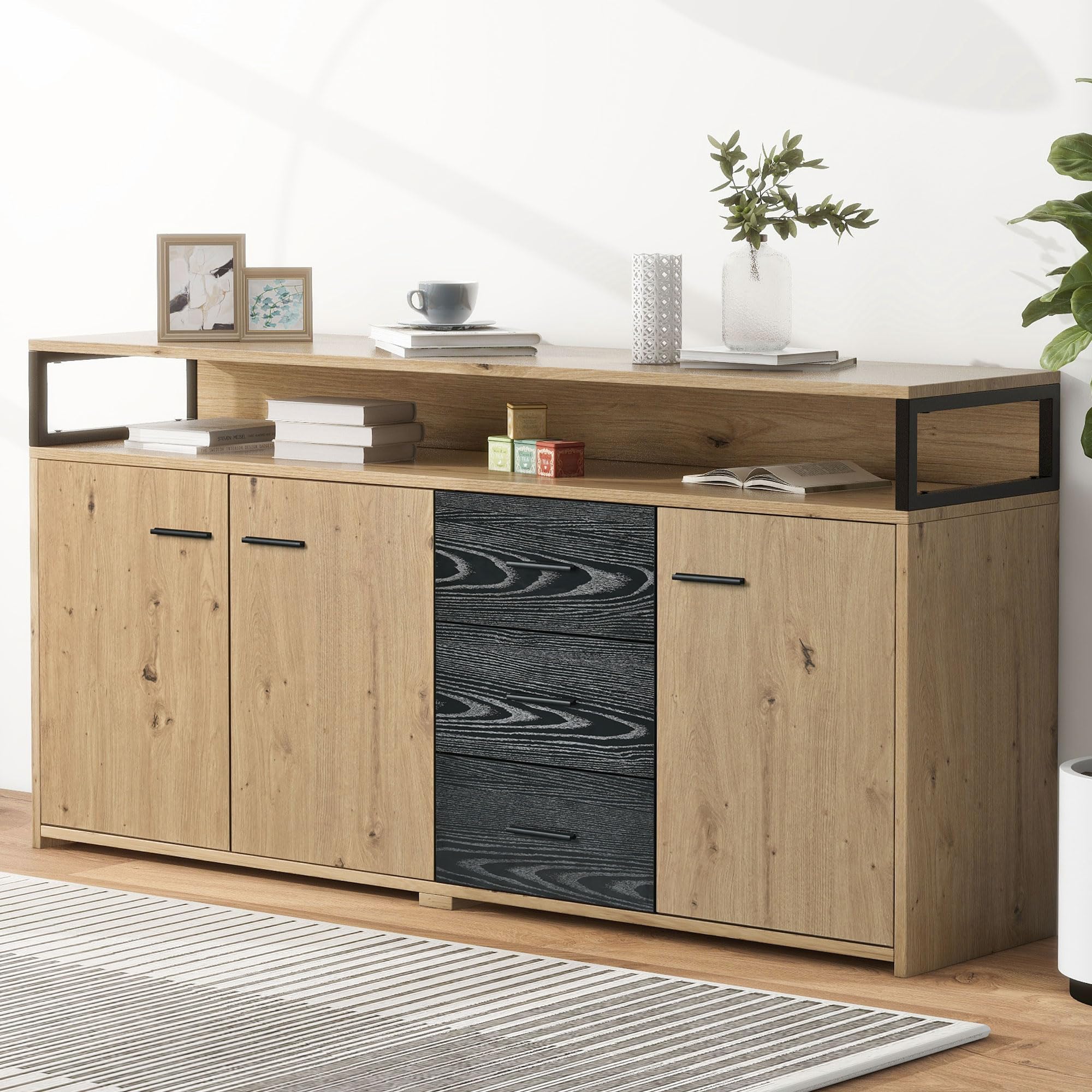 Aparador industrial con tres puertas y tres cajones, 150 x 35 x 75,9 cm, color negro y marrón, mueble de cocina con asas de metal, armario multiusos para dormitorio, salón, oficina