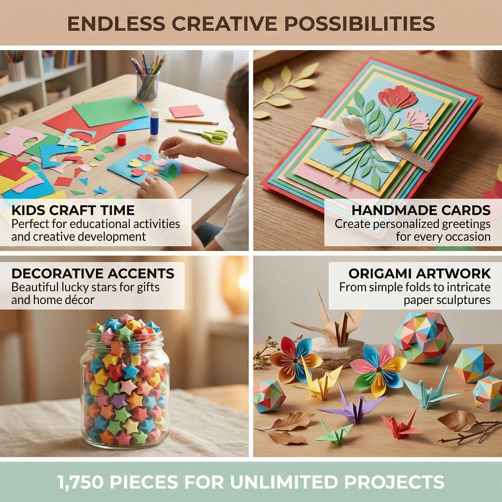 Set de 1750 hojas de papel para origami, 20 colores, 7/10/15/20 cm, con tiras de estrellas