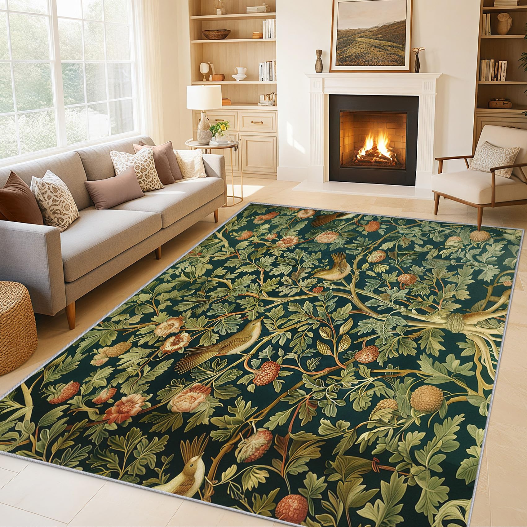 William Morris Rugs Living Room, Vintage Floral Birds Area Rugs for Bedroom Home Decor, Washable Non Slip Short Pile Carpet 200x290 with Gripper P-&47