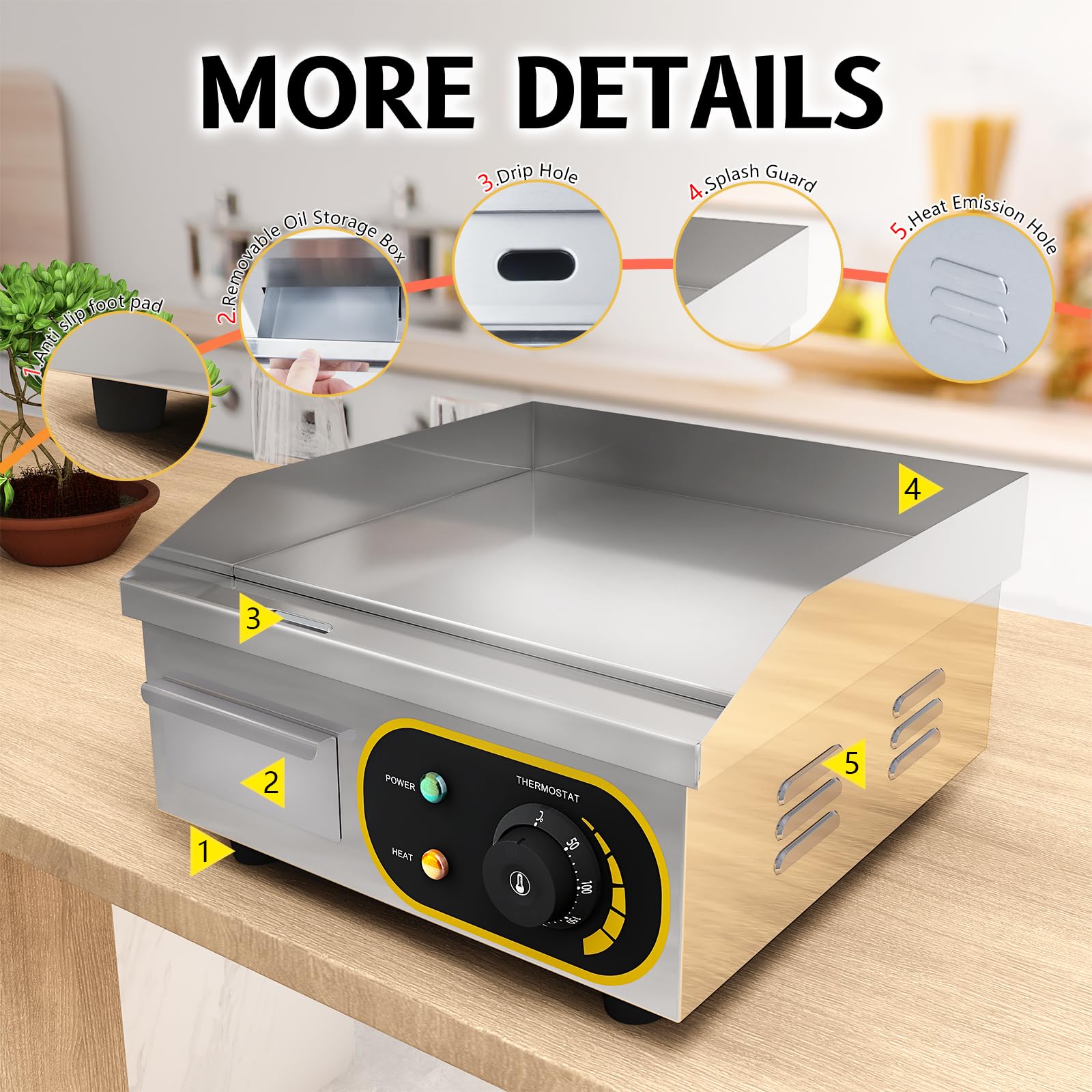 Piastra Griglia elettrica commerciale in acciaio inossidabile per ristoranti luoghi pubblici e barbecue 1500 W 35.50CM con controllo della temperatura regolabile 50~300 ℃