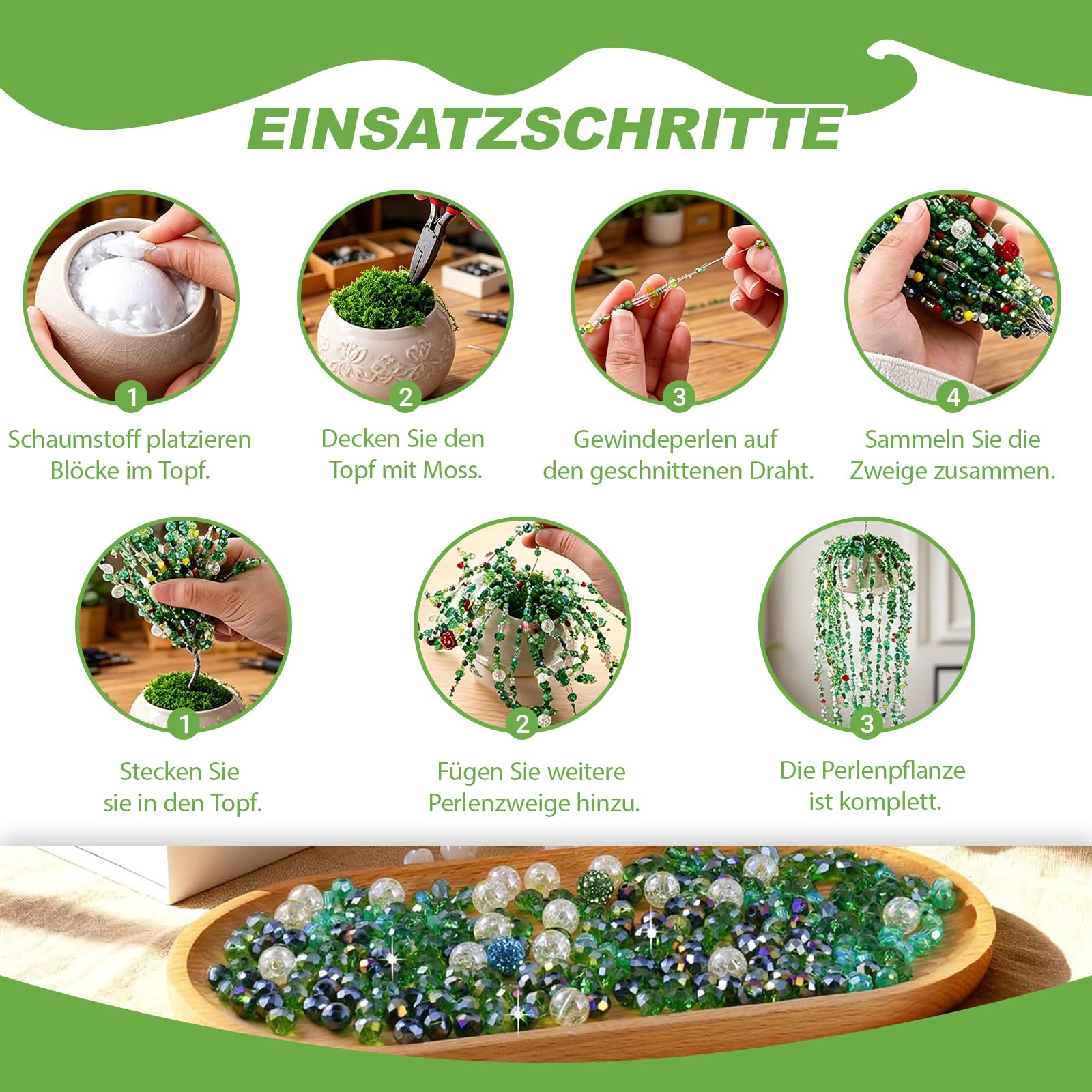 Set di 5540 perline di vetro verdi, set fai da te per piante grasse artificiali e decorazioni floreali, filo per fiori, muschio, tulipani e coccinelle, per la creazione di gioielli (bracciali, collane