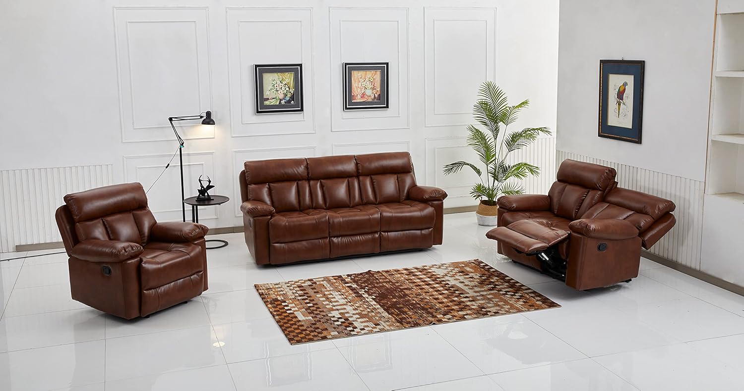 Betsy Furniture Bonded Leather Reclining Couch Sofa Set, Living Room Set (Orange, Sofa+Loveseat+Chair)