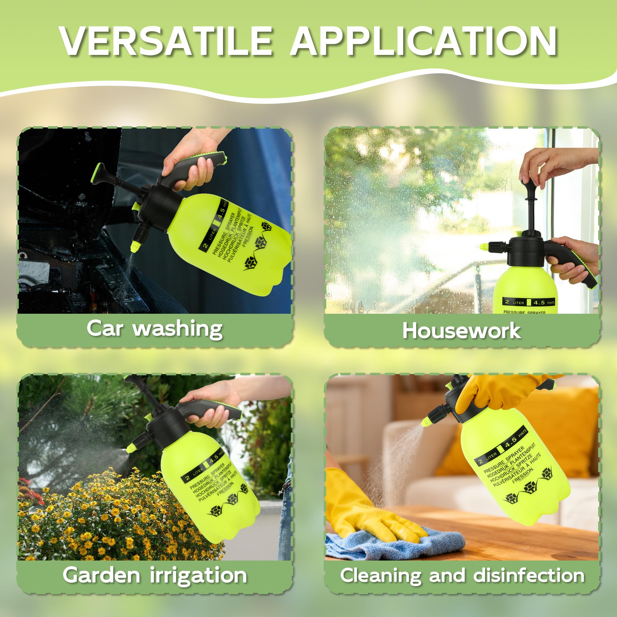 Paquete de 2 pulverizadores de presión de mano de polipropileno de 0.5 galones y 2 litros con boquilla ajustable y válvula de seguridad para regar plantas, limpieza del hogar y uso en jardín, color