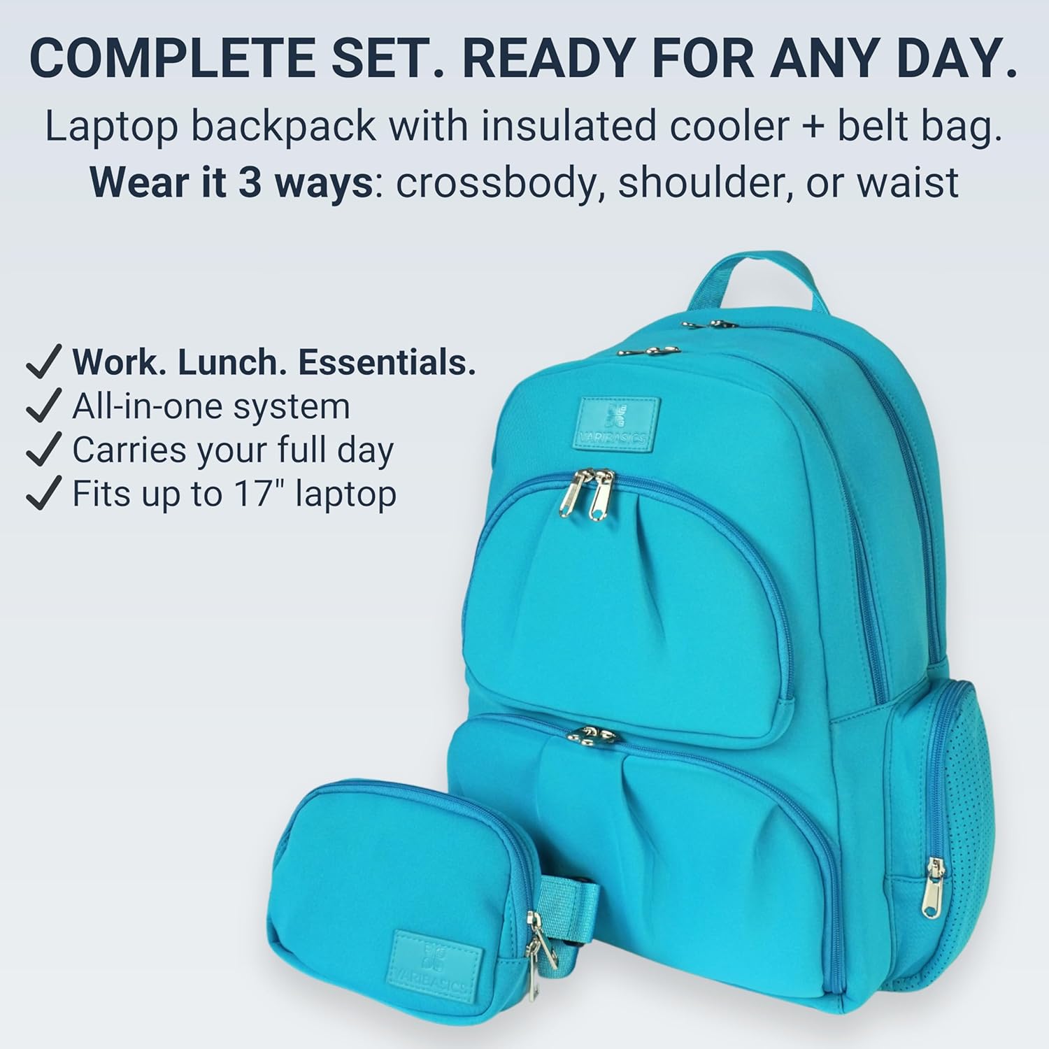 Alira Women’s Lunch 17 Inch Laptop Backpack with Waterproof Cooler Compartment & Belt Bag, Insulated Neoprene Laptop Backpack, Work Commute Travel Bag with Lunch Box Pocket (Lagoon Blue)