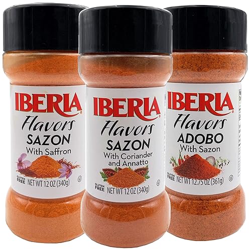 Iberia Paquete variado Sazon y Adobos: Sazon con annatto y cilantro de 12 onzas + Adobo con sazon, 12.75 oz + azafrán con ingenio de Sazon, 12.75 oz