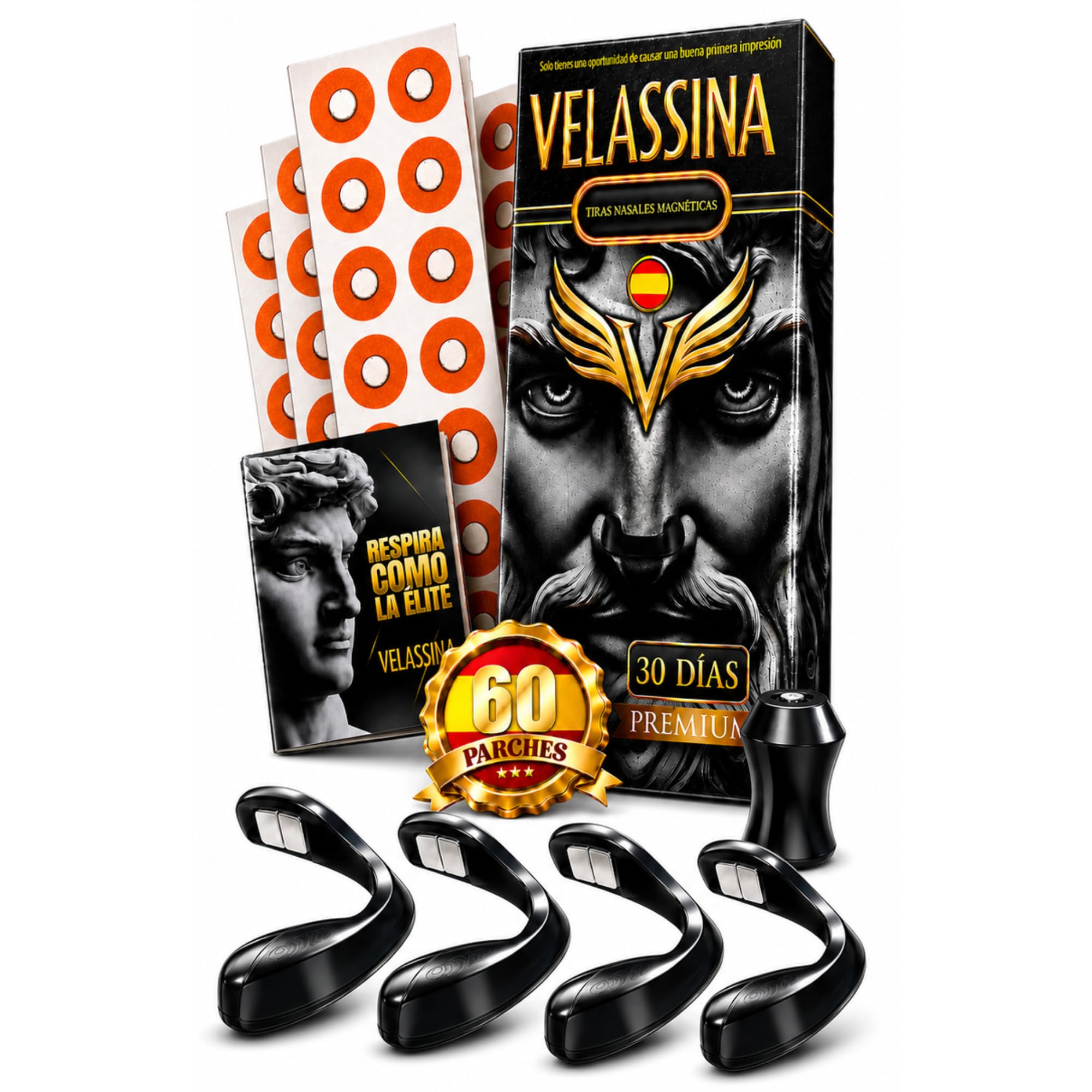 Tiras Nasales Magnéticas Premium - 4 Bandas Magnéticas + 60 Parches (Kit 30 Días) - Incluye Ebook Exclusivo - Tira Nasal Magnética para Respirar Mejor por la Nariz, Tiras Nariz Respirar