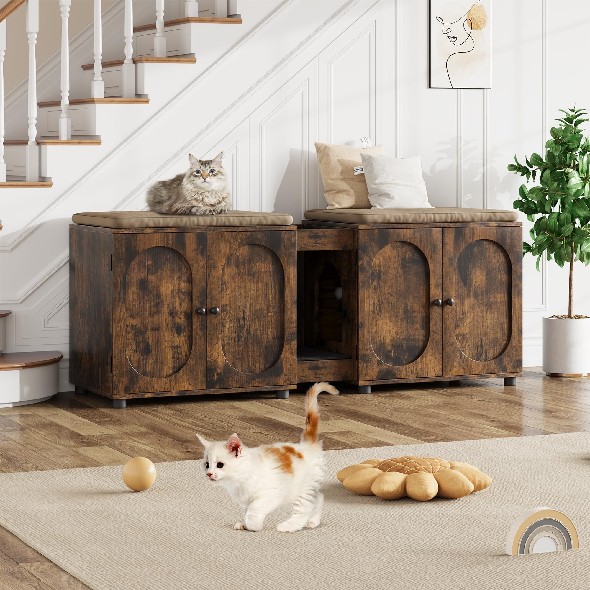 Lidzopas Cat Litter Box Enclosure, Hidden Litter Box Furniture for 2 Cats, Wooden Pet House Side End Table with Cat Litter Pad for Living Room, Bedroom, 55.1x17.9x22.1in