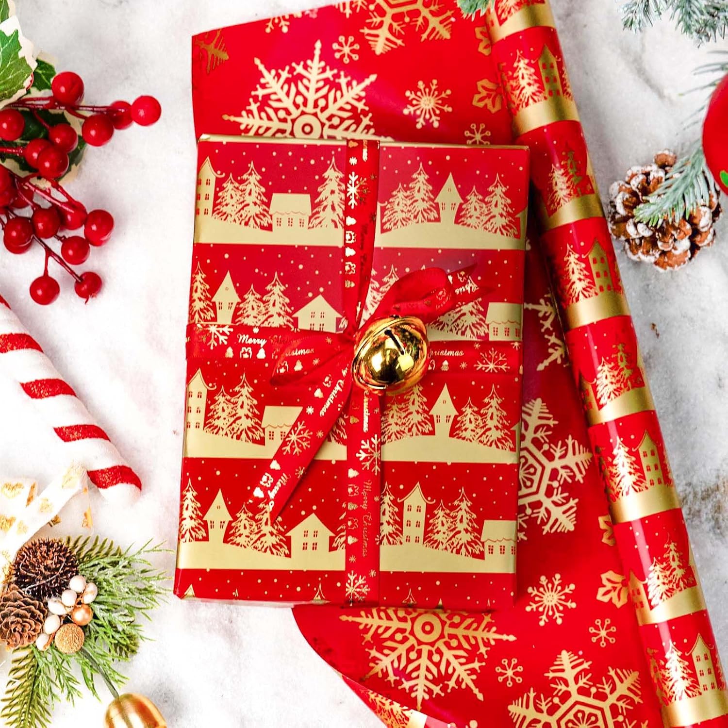 maypluss christmas wrapping paper roll, 17 inch x 16.5 feet gift wrapping paper featuring gold christmas tree house reversible snowflake, thick wrap paper for holiday party new year kids red house