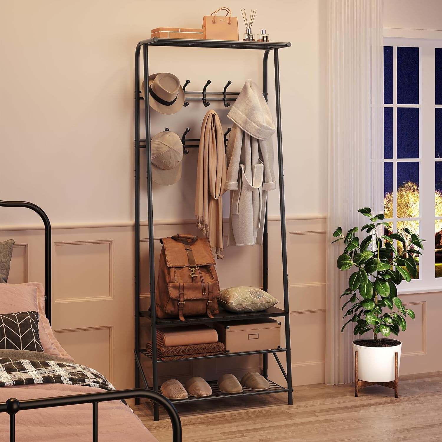 Jojoka 25" Coat Rack, Hall Tree with Shoe Bench and Storage, 4-Tier Shelf with 5 Hooks, Freestanding Metal Entryway Organizer for Hallway, Accent Furniture for Bathroom