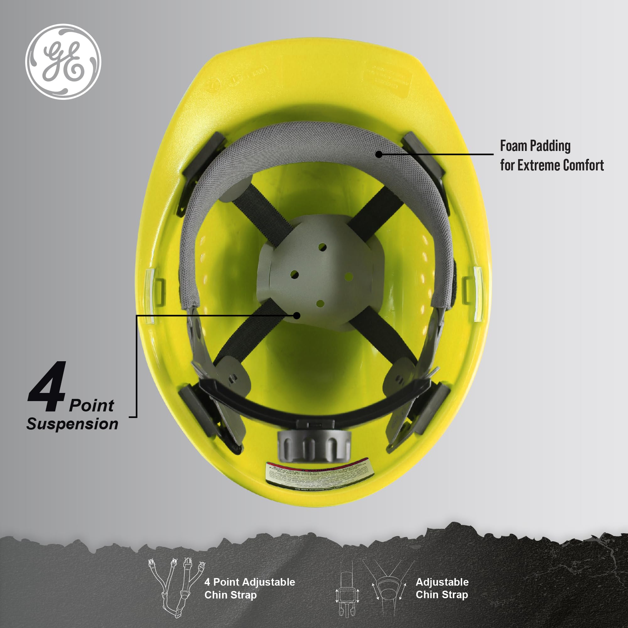 GE Casco duro, estilo de gorra ventilada, clase C, amarillo, banda acolchada que absorbe el sudor, sistema de suspensión de trinquete de 4 puntos, ranuras para orejeras, alta resistencia a los