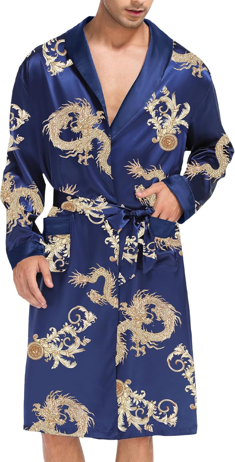 SWOMOG Men's Satin Robe with Shorts Set Silky Kimono Bathrobe Lightweight Soft Sleepwear - Image 2