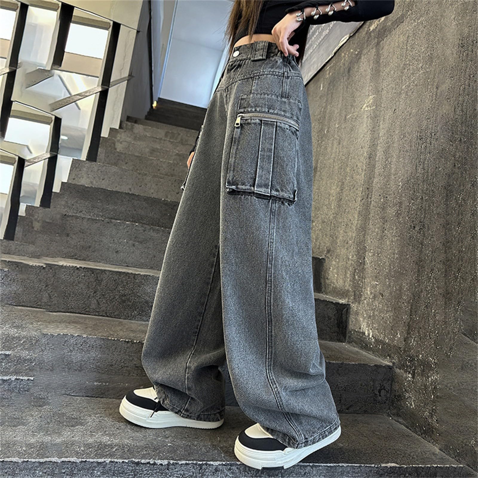 Jeans Large Ragazza Bootcut Strappato Elastico, Pantaloni Baggy in Denim a Vita Alta - Zampa di Elefante - Pantaloni Cargo per 5-16 Anni Bambini