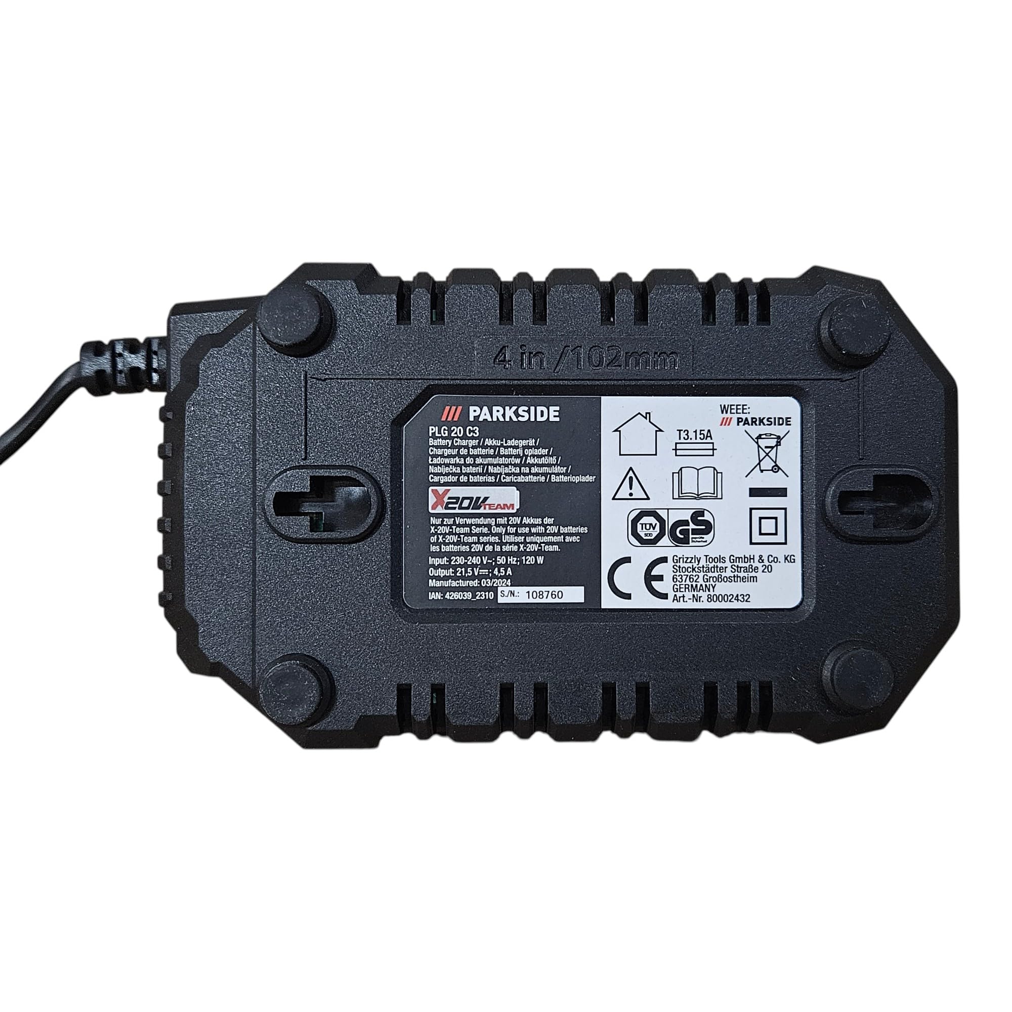 Parkside Chargeur « PLG 20 A3 », 120 W, 4,5 A - 30 Min de Temps de Charge X 20 V Team