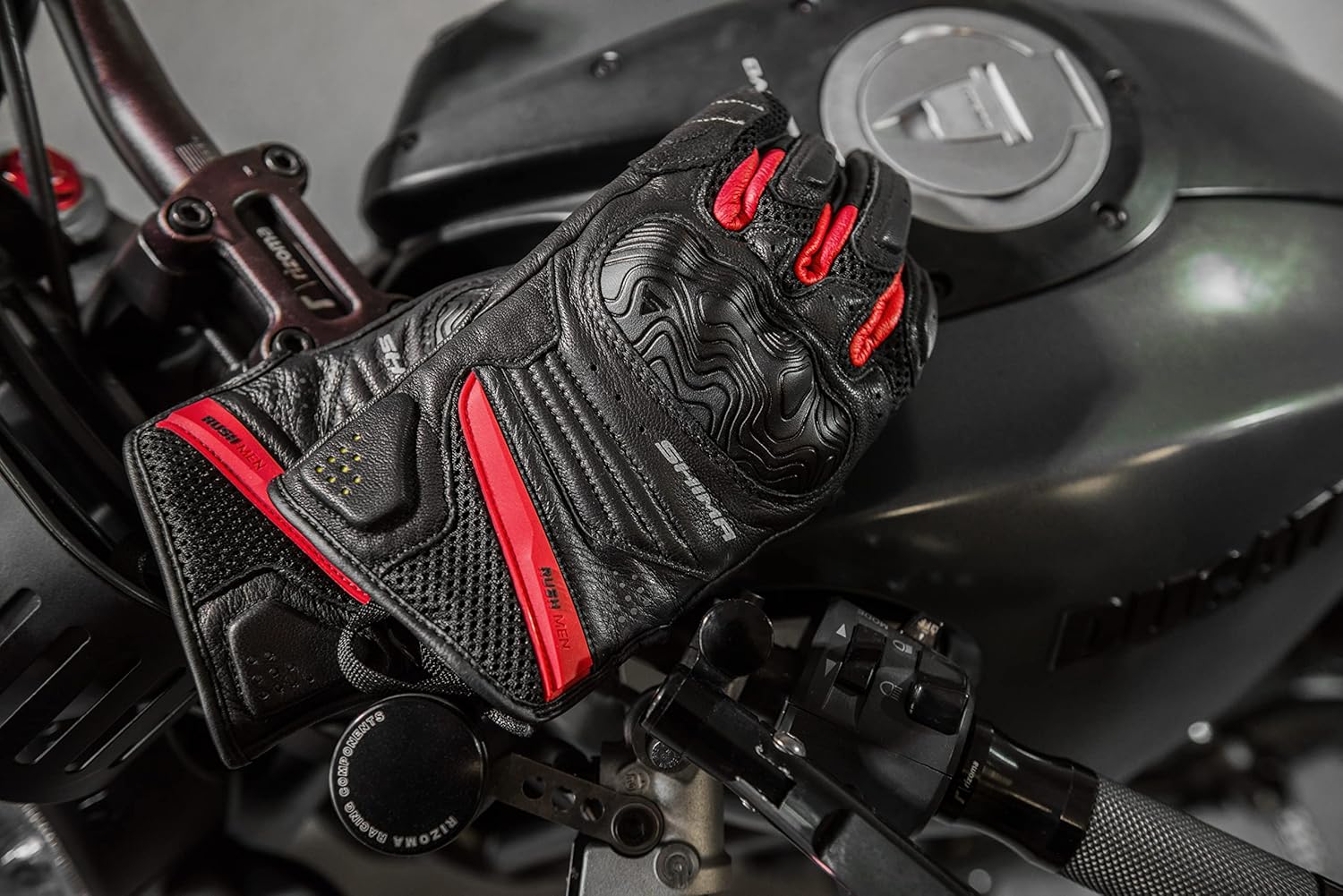 SHIMA Rush Motorcycle Gloves Men Leather Textile Short Summer Biker Armoured Protectors Motorbike Perforated Ventilated Touchscreen Motorsport Glove Lightweight Motocross (Mens, Red, XXL)