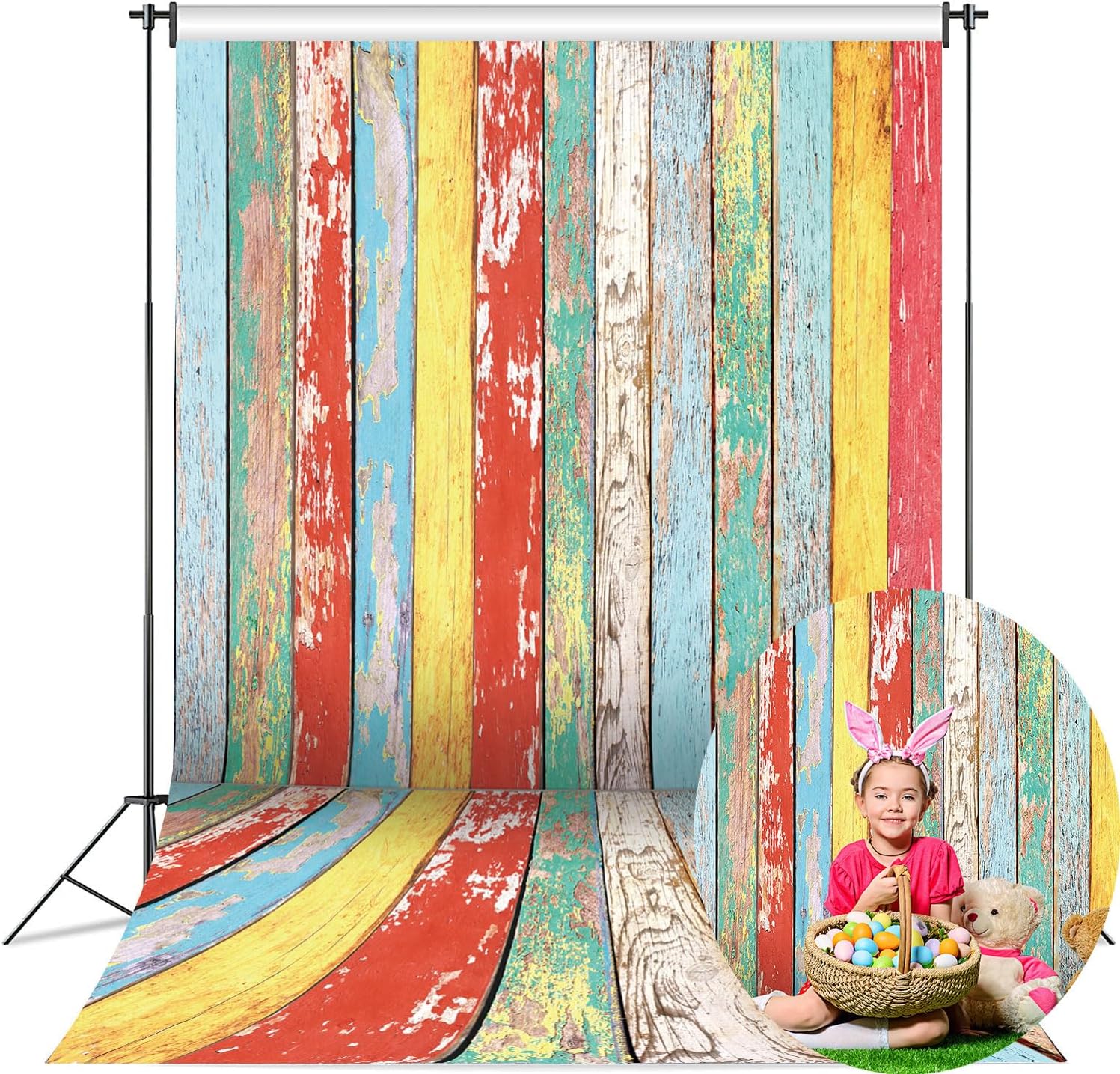 Colorful Wood Photography Backdrop 8x10FT Easter Pastel Rustic Wooden Background Boys Girls Easter Birthday Party Decorations Portrait Photoshoot Studio Props