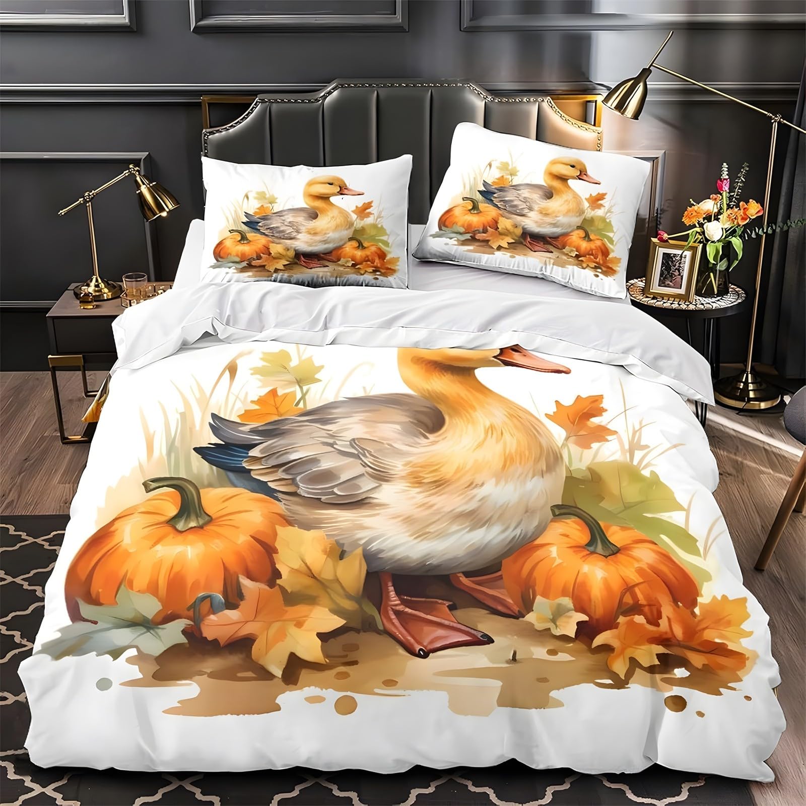 Ypthriline Pumpkin Double Bedding Set Duck Bedding Set Microfiber Duvet Covers With Pillowcases Reversible Bedding With Zipper Closure 200X200cm