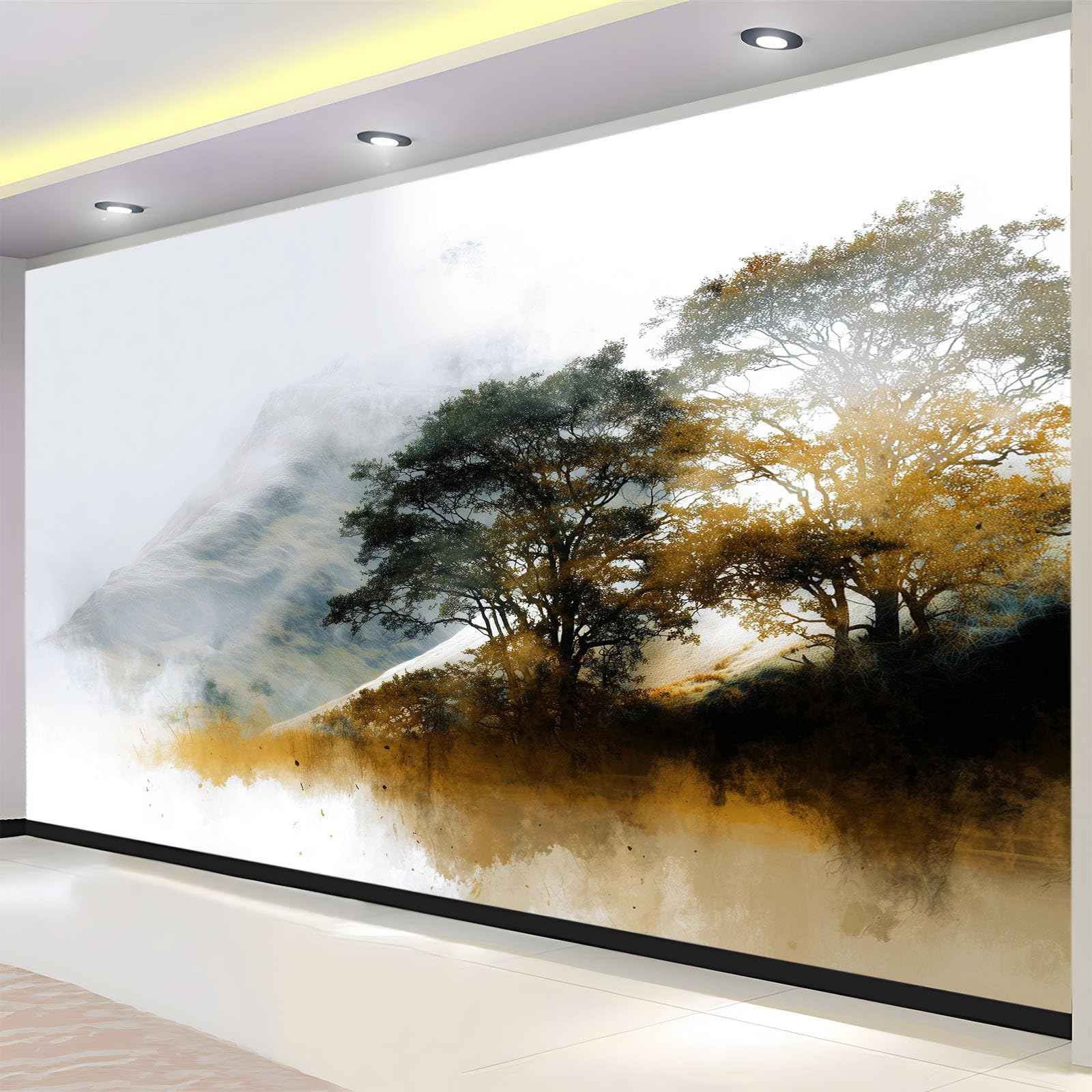 Generisch Tapeta panoramiczna, plakat 350 x 256 cm (szer. x wys.), tapeta na flizelinie, dekoracja ścienna, minimalizm, ręcznie malowane liście, dla dziewcząt, chłopców, do sypialni i salonu (khaki)