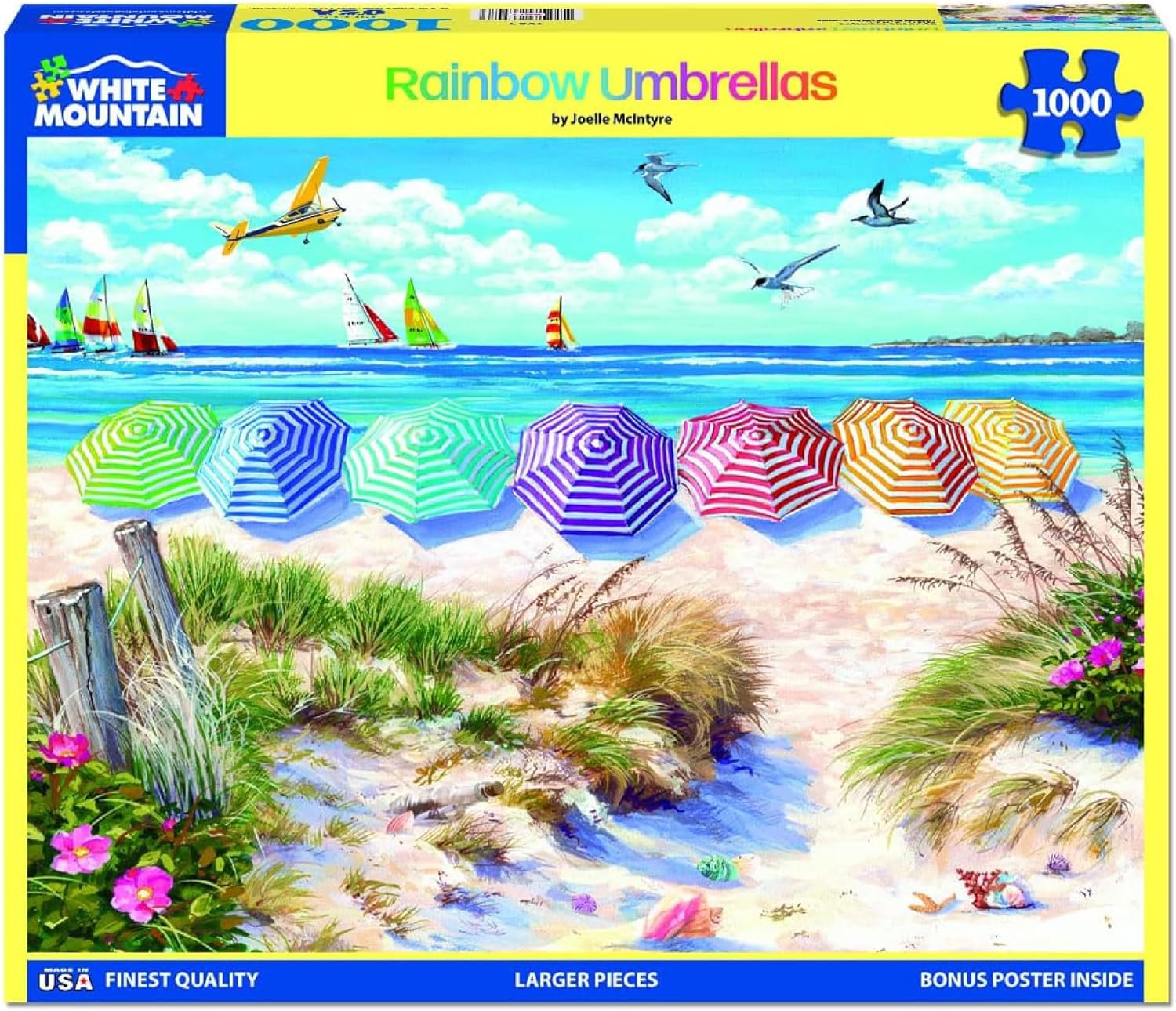 White Mountain 1000 Piece Jigsaw Puzzle Fun Summer Beach Puzzles with Large Pieces Gift for Adults and Family 24"x30" - Rainbow Umbrellas