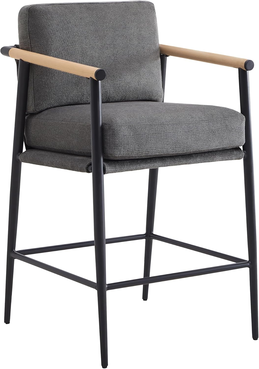 Watson & Whitely Mid Century Modern Barstools Set of 2, 26" H Upholstered Counter Height Bar Stools with Wood Armrests and Metal Legs, Fabric in Grey