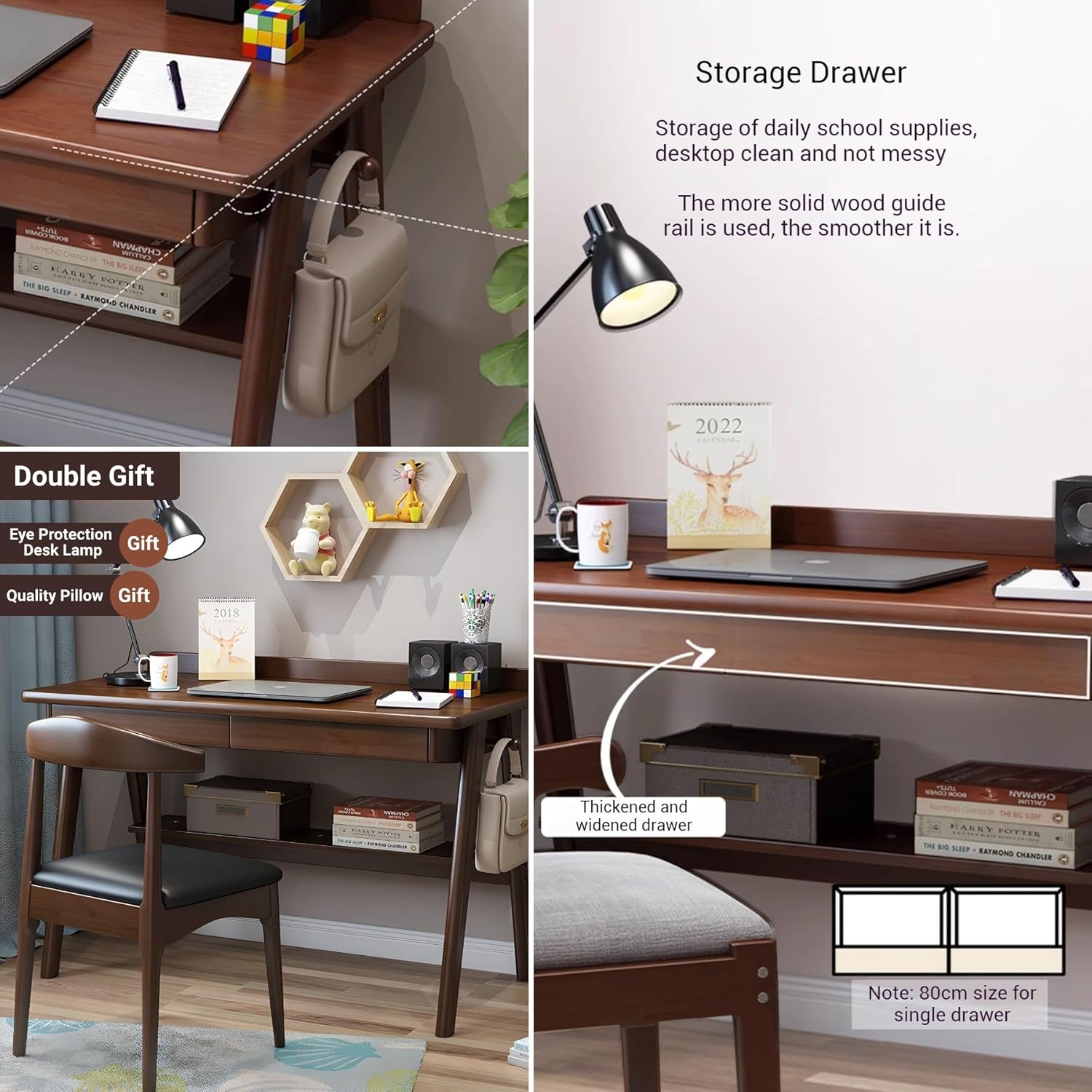 Wood Writing Desk and Chair Set, Home Office Computer Desk, Study Desk with Drawers and Storage Shelf, PC Table Workstation, Small Desk for Bedroom (Walnut)