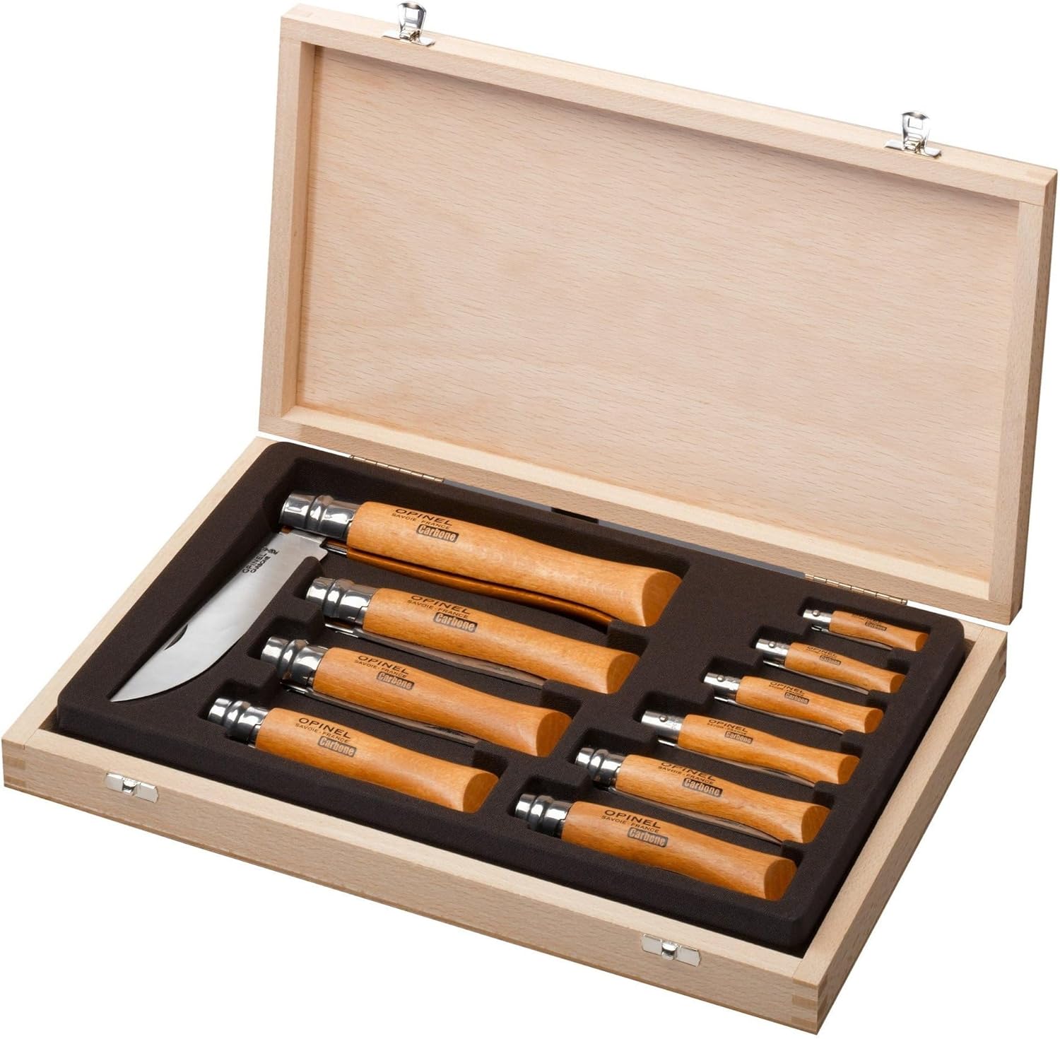 Opinel Display Collecting Wooden Case of 10 Carbon Steel Knives, 3.5-12 Cm Blade