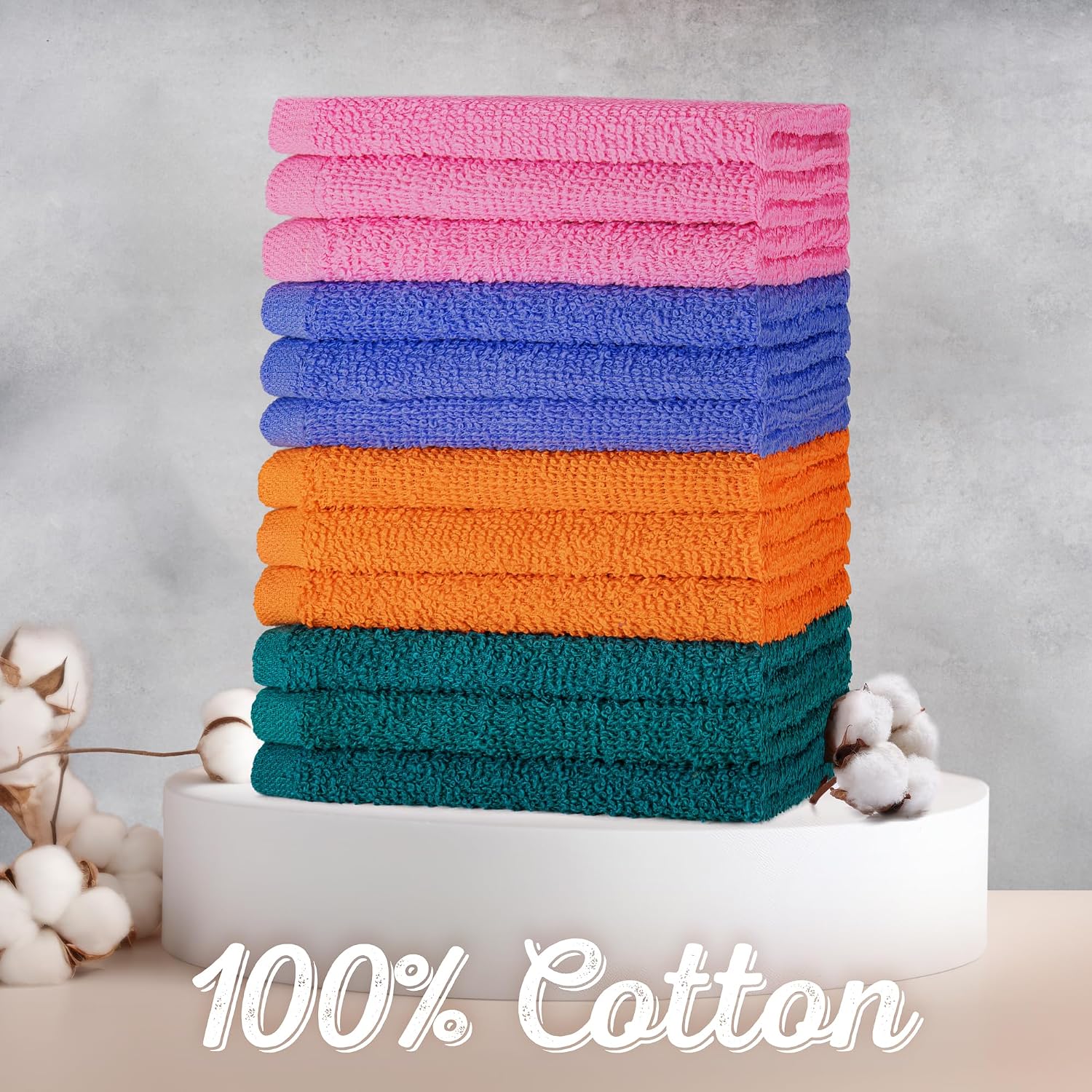 DecorRack 12 Pack 100% Cotton Wash Cloth, Luxurious Soft, 12 x 12 inch Ultra Absorbent, Machine Washable Washcloths, Assorted Colors (12 Pack)