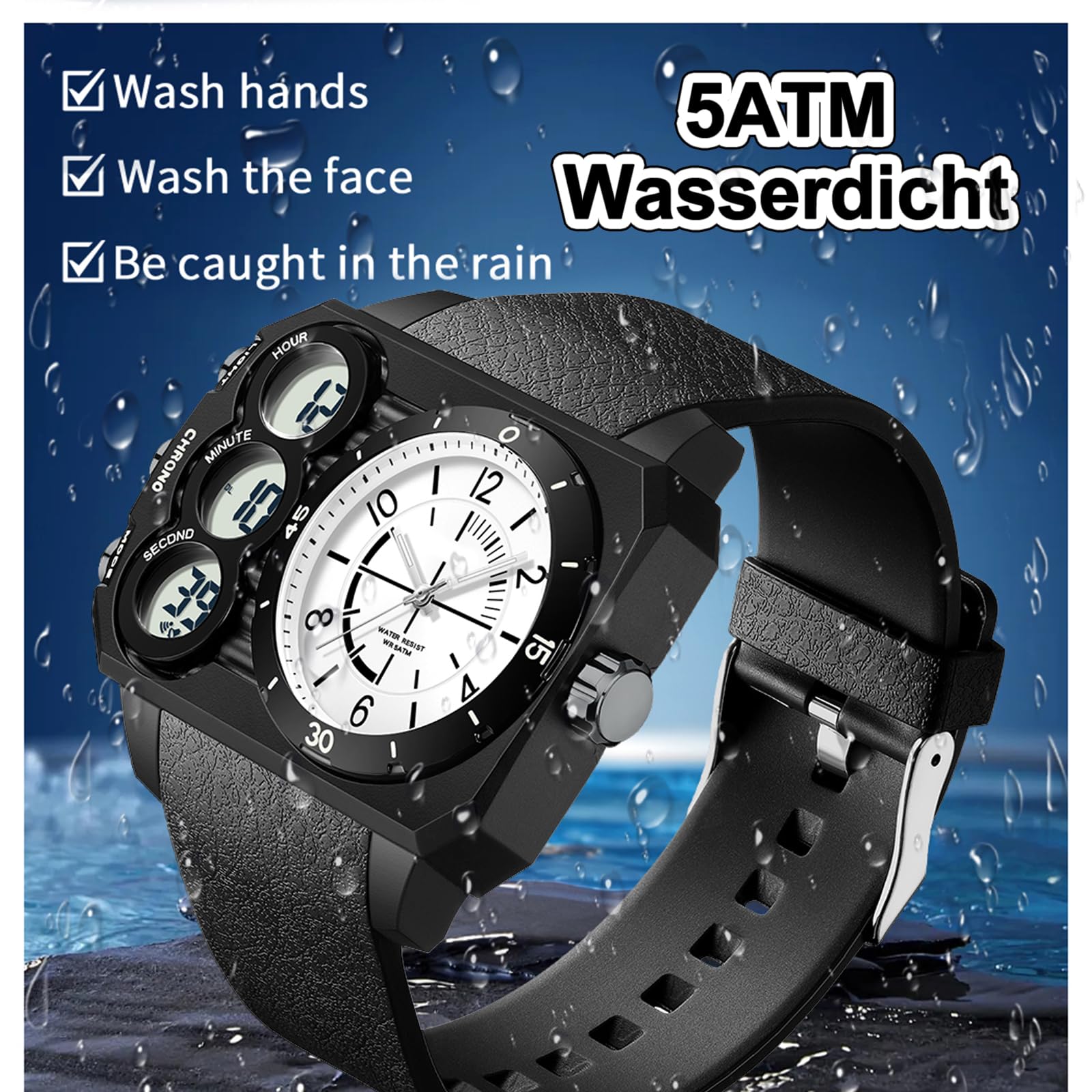 findtime Orologio angolare da uomo, digitale, analogico, grande, militare, 5 ATM, impermeabile, sportivo, da uomo, per attività all'aperto, cronometro, coutdown 12/24H, tre fusi orari, di lusso per
