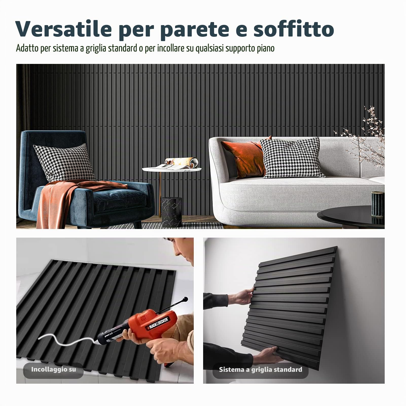 Art3d Pannello da parete a lamelle, 3D scanalato, 12 mattonelle, 50 x 50 cm, nero