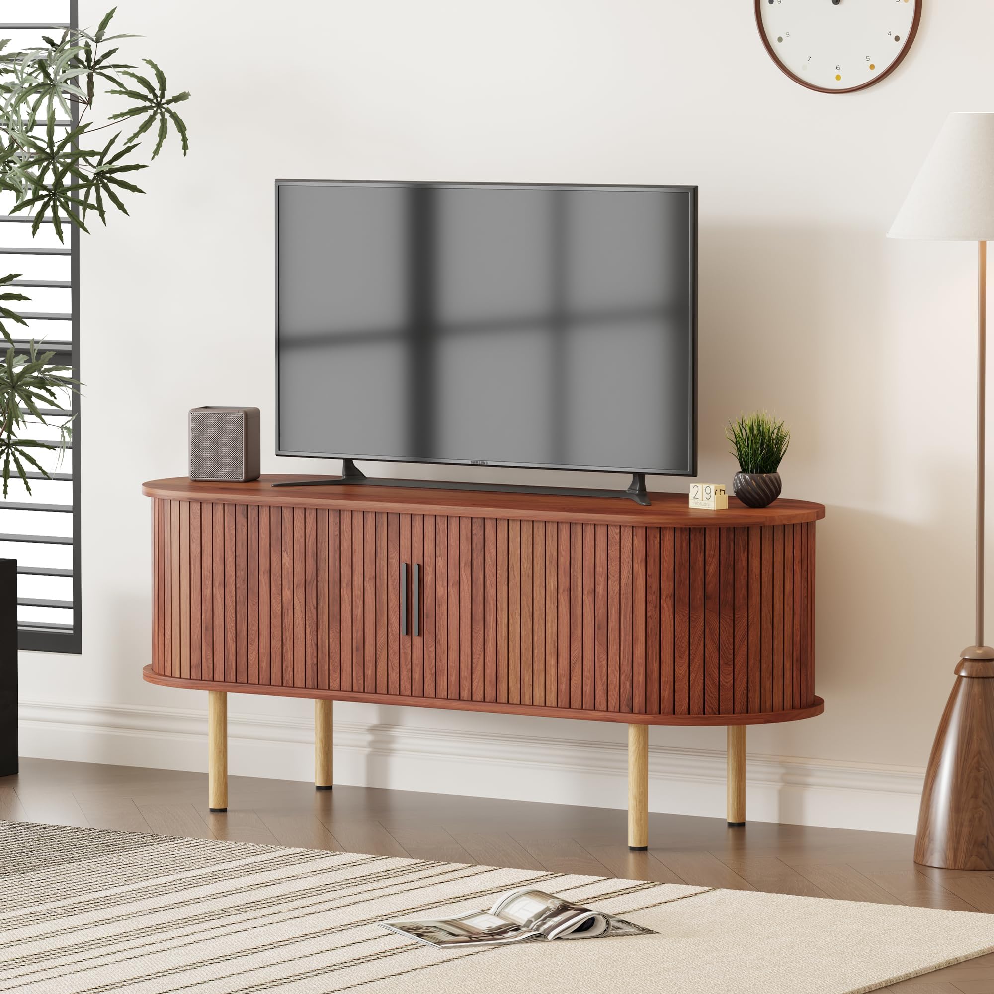 Garvee Mobile Porta TV 120 cm (47,2") per TV fino a 80" - Console TV moderna in legno finitura noce - Ante scorrevoli, vani contenitore e ripiani regolabili - Per soggiorno/camera/ufficio - Huang