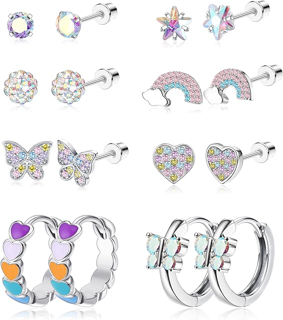 YADOCA 8 Pairs Girls Earrings for Women Kids 316L Stainless Steel Hypoallergenic Screw Back Earrings Cubic Zirconia Hoop Earrings Pearl Heart Flower Butterfly Stud Earrings Set