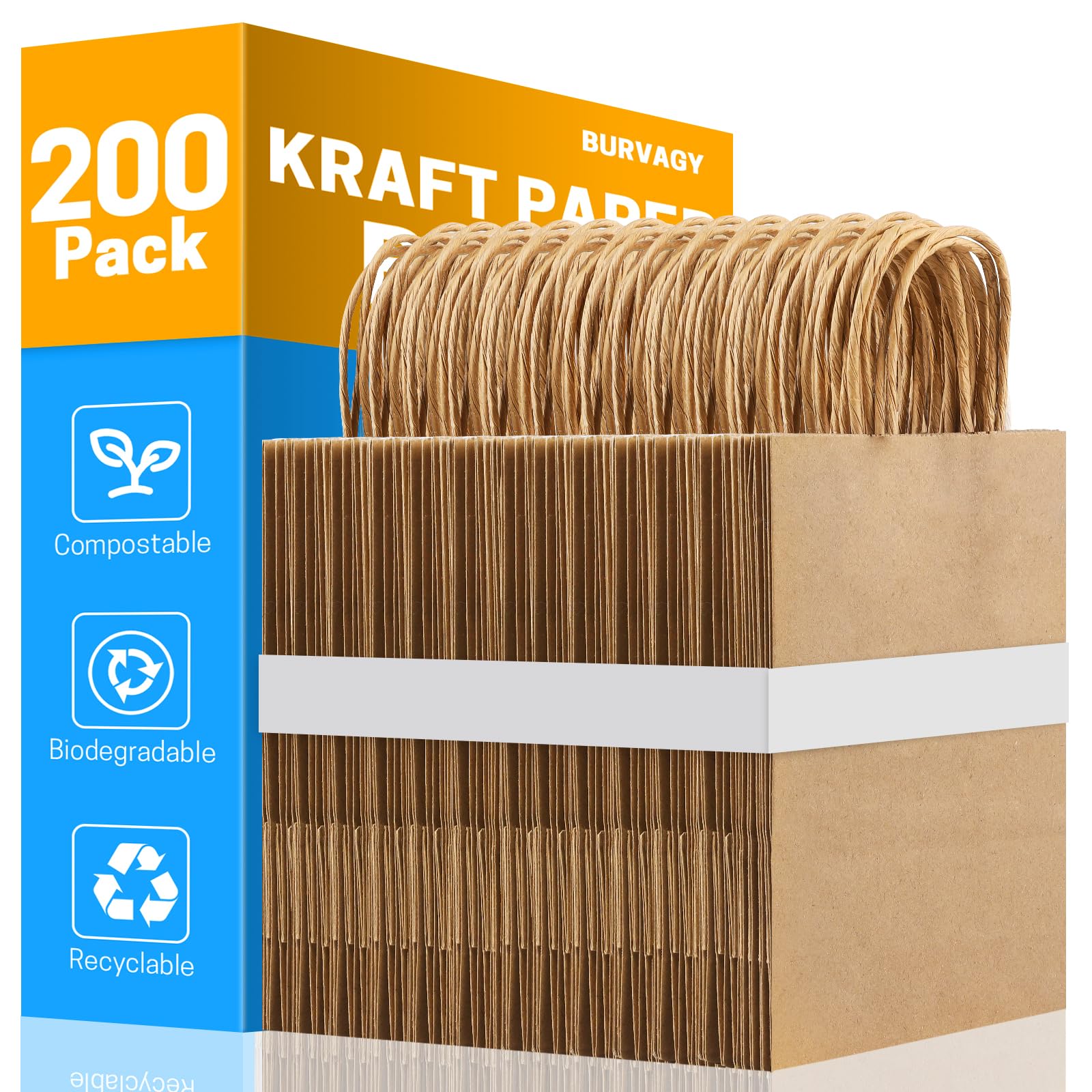 BURVAGY 200Pcs Small Kraft Paper Gift Bags with Handles 5.25x3.25x8.25 Inches Bulk Grocery Retail Party Favor Shopping Bags (Brown)