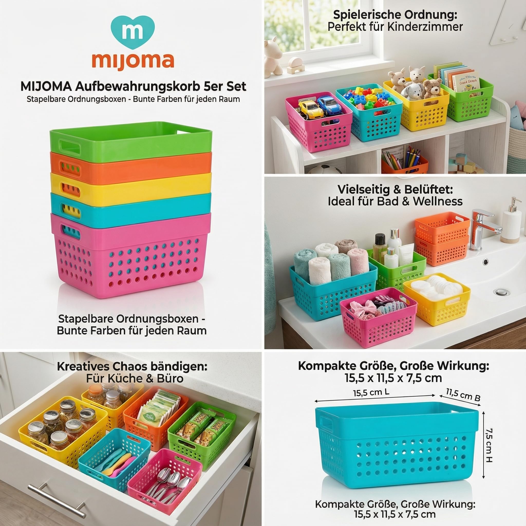 MIJOMA Set di 5 cestini portaoggetti impilabili in plastica 15,5 x 11,5 x 7,5 cm scatola multiuso