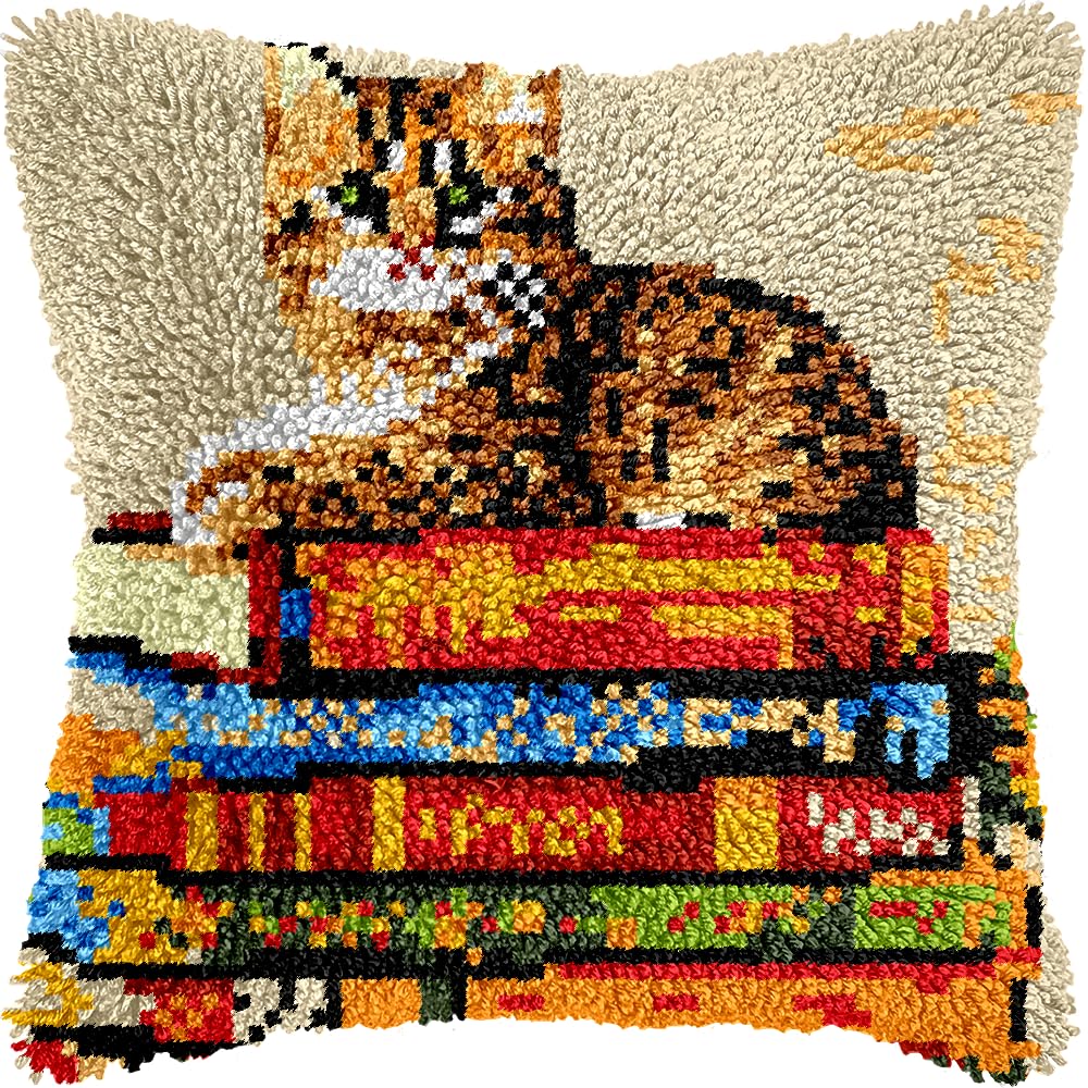 LingxiCreation DIY Latch Hook Kits Pillowcase Cat On A Book