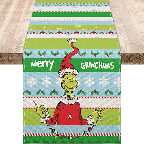 Whaline Camino de mesa de feliz Navidad divertido personaje de dibujos animados decoración de mesa de comedor verde Navidad a rayas para interiores