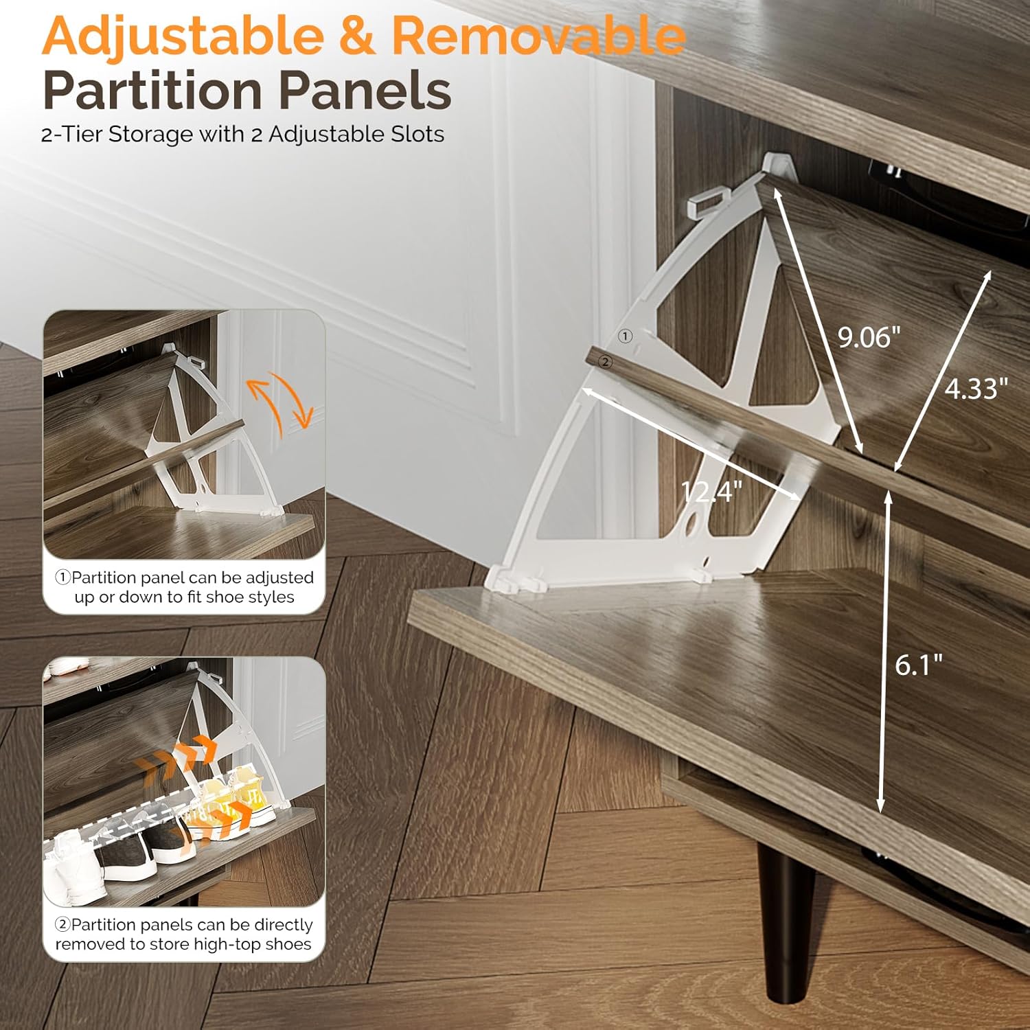 Close-up view of the adjustable and removable partition panels inside a flip drawer, showing how they can be moved up or down or removed entirely to fit different shoe styles.