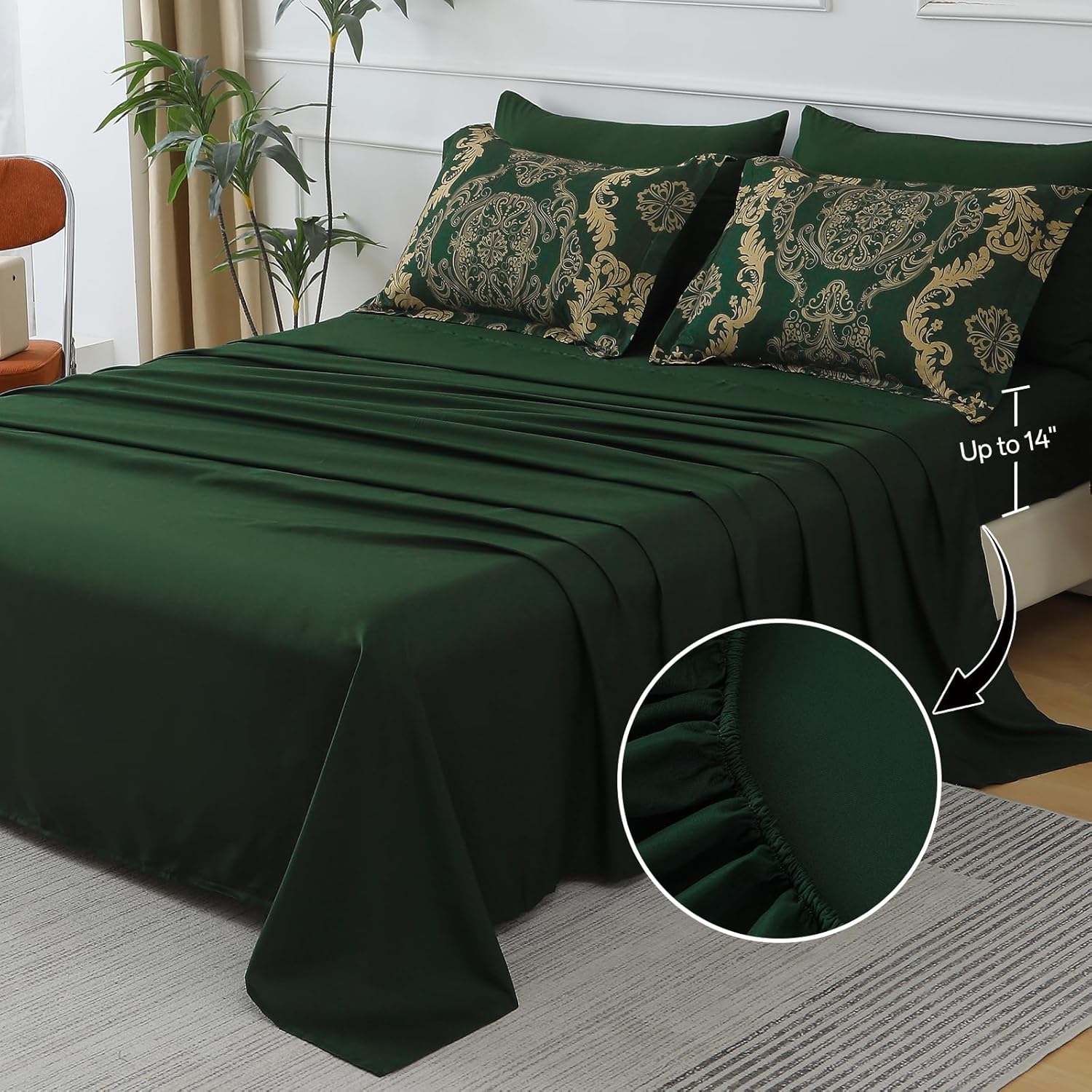 WONGS BEDDING Green Damask King Size Comforter Set, 7 Piece Texture Microfiber Comforter Bedding Set for All Season, Bed in a Bag with Comforter, Flat Sheet, Fitted Sheet, Pillowcases & Shams - Image 6