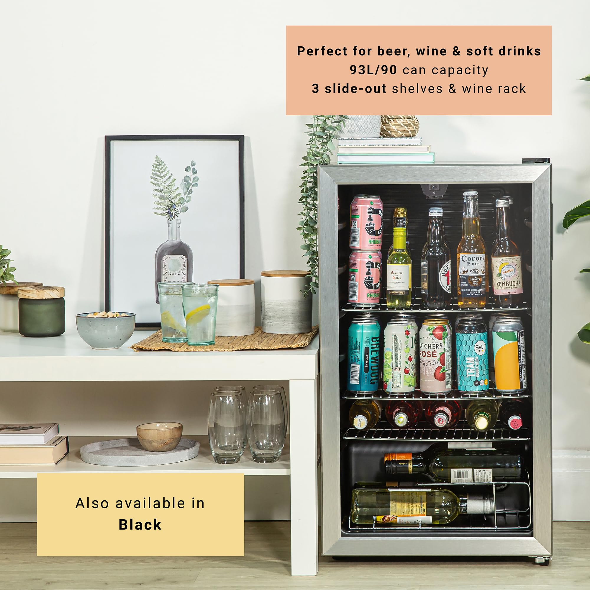 Kuhla Mini Fridge 93 Litre Undercounter Freestanding Beverage/Drinks Wine Fridge for Beer Stainless Steel, LED Light, Drinks & Snacks Glass Door, 3 Adjustable Shelves, Energy Efficient, K48BC101SS — view 3