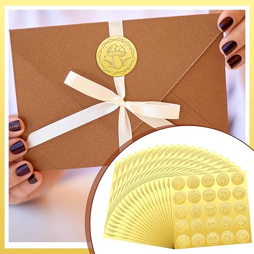 Miniatura 7 de Chinco 500 Piezas Pegatinas de Sellos para Sobres Dorados en Relieve Pegatinas Adhesivas de Sello Pegatinas Vintage de Papel Aluminio en Relieve Kit