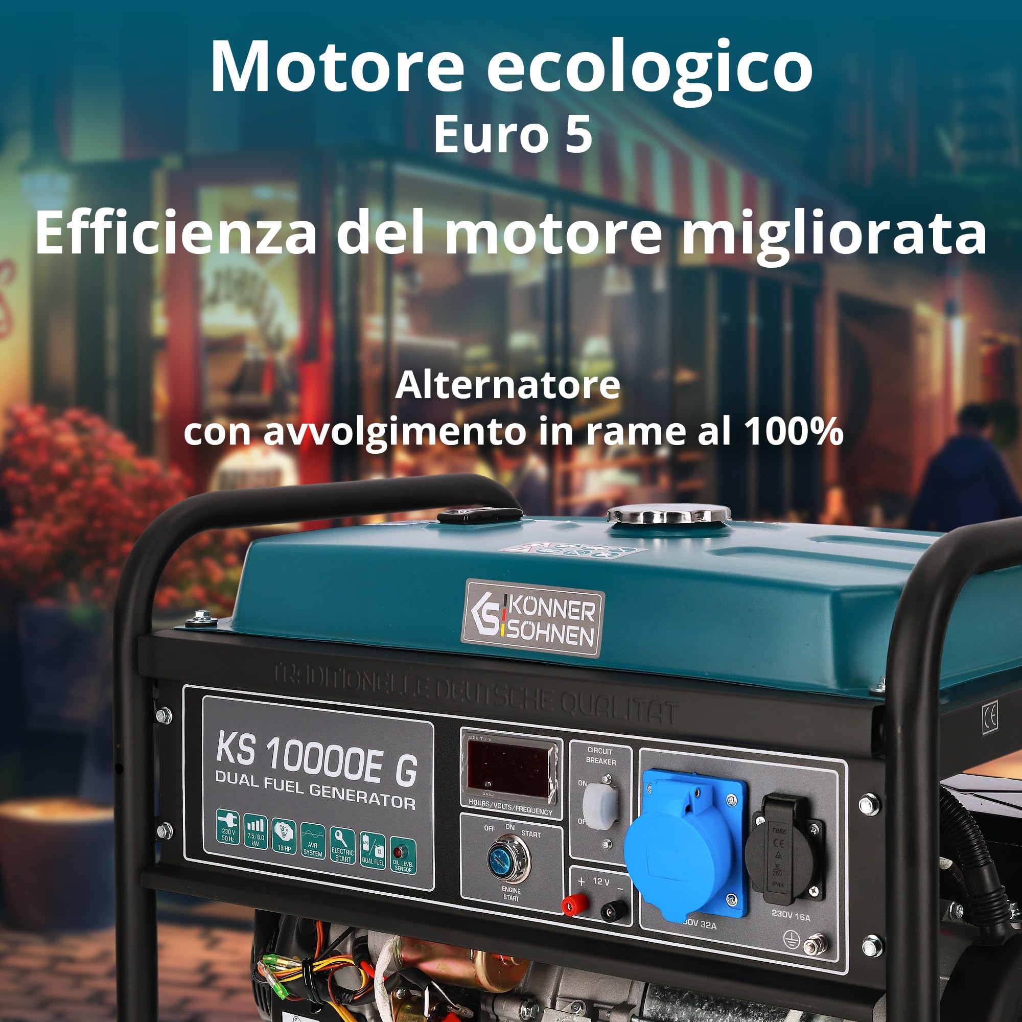Generatore ibrido a benzina e gas KS 10000E G Serie DUAL FUEL potenza massima 8000W, 1x16A, 1х32 (230V), 12V, regolatore automatico di tensione (AVR), protezione sovraccarico e cortocircuito…