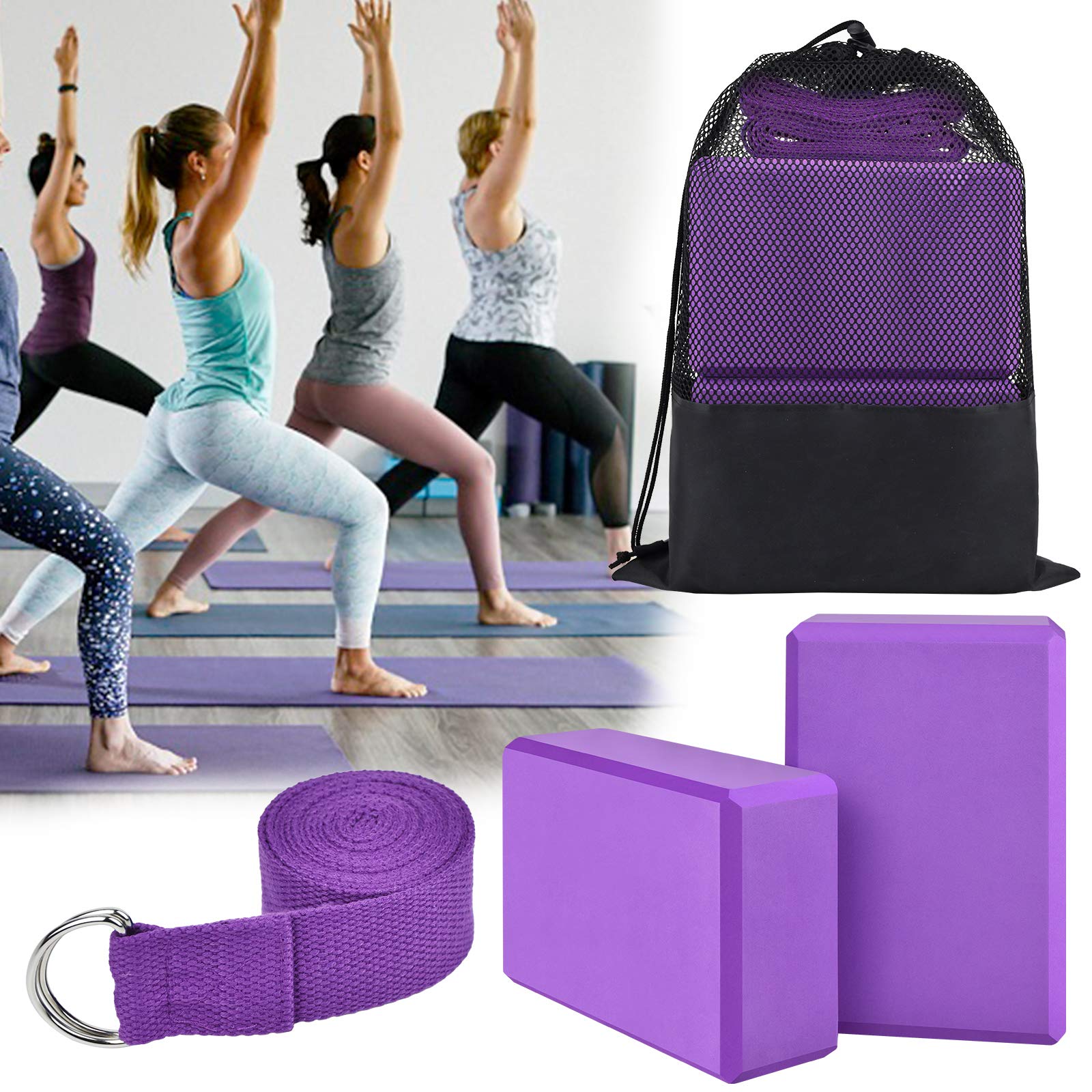 Brique Yoga Lot 2 Bloc Yoga Block Brique de Yoga Blocks Briques Kit Yoga Accessoires Avec Sangle et Sac de Yoga 【Lot de 4 Pièces】