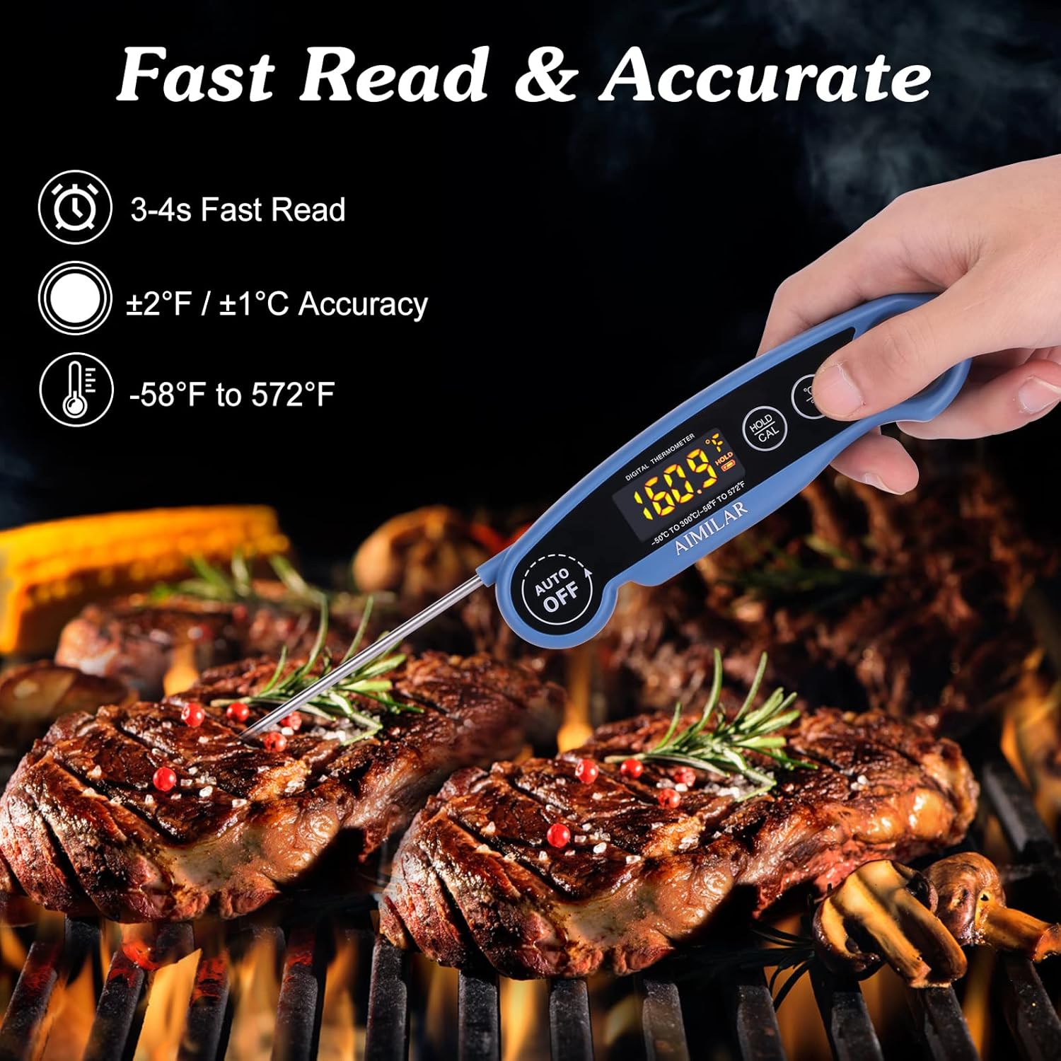 review LED Rechargeable Meat Thermometer - AIMILAR 2022 New Released Instant Read Digital Food Thermometer Kitchen with Magnet for Cooking Grilling and Smoking Oven Cooking (Blue)