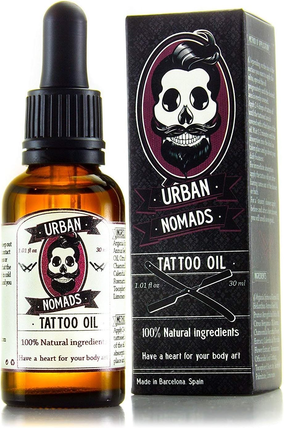 URBAN NOMADS Tattoo Aftercare Oil, 100% Natural with Creamy Orange Scent, Restores and Moisturizes Skin and Body Ink, Made with Argan Oil, Vitamins and Essential Oils, Handcrafted in Barcelona, 1 oz