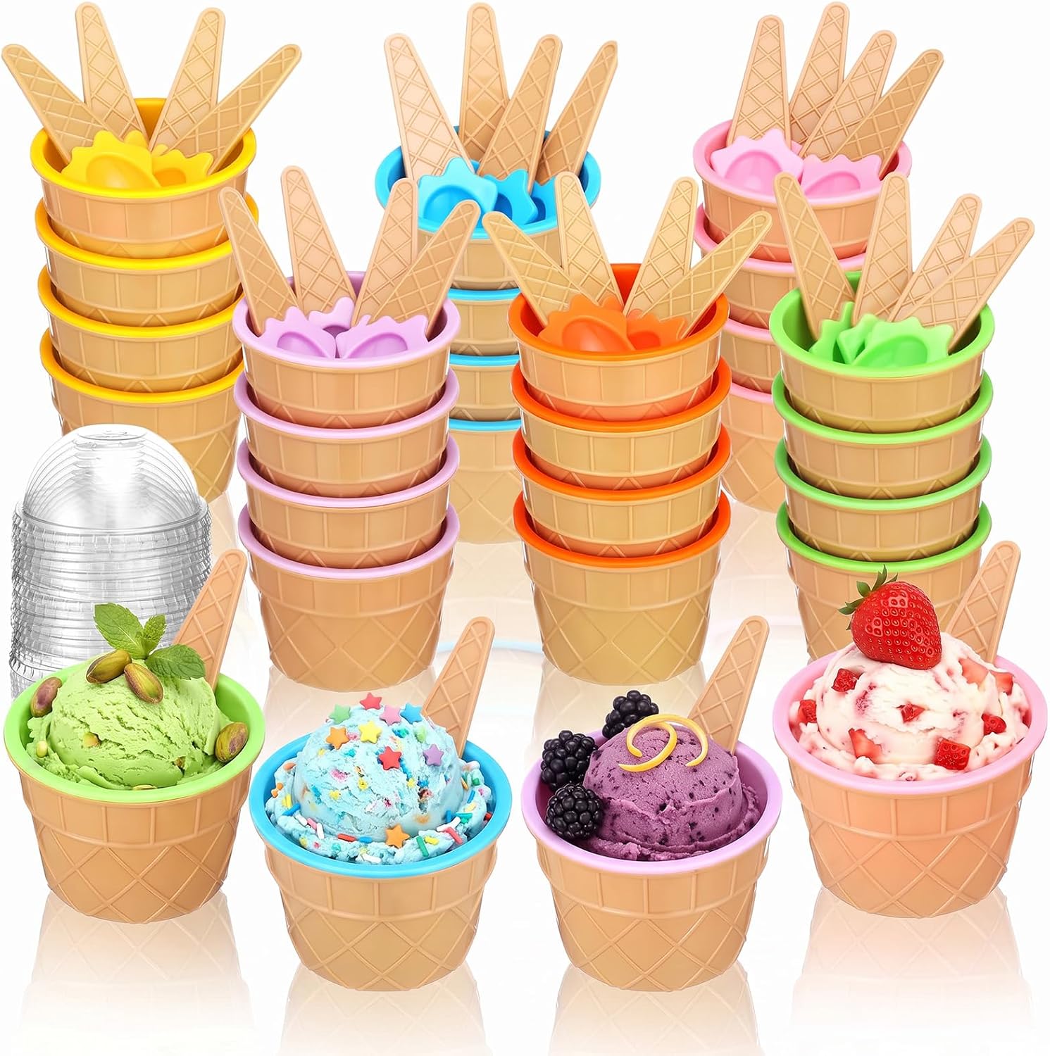 Jingmore 72 Pcs Plastic Ice Cream Bowls and Spoons Set Reusable Ice Cream Cups with Spoons and Lids Cartoon Candy Color Sundae Cups for Summer Sundae Frozen Yogurt Summer Holiday Party, 6 Colors