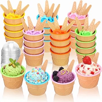 Jingmore 72 Pcs Plastic Ice Cream Bowls and Spoons Set Reusable Ice Cream Cups with Spoons and Lids Cartoon Candy Color Sundae Cups for Summer Sundae Frozen Yogurt Summer Holiday Party, 6 Colors
