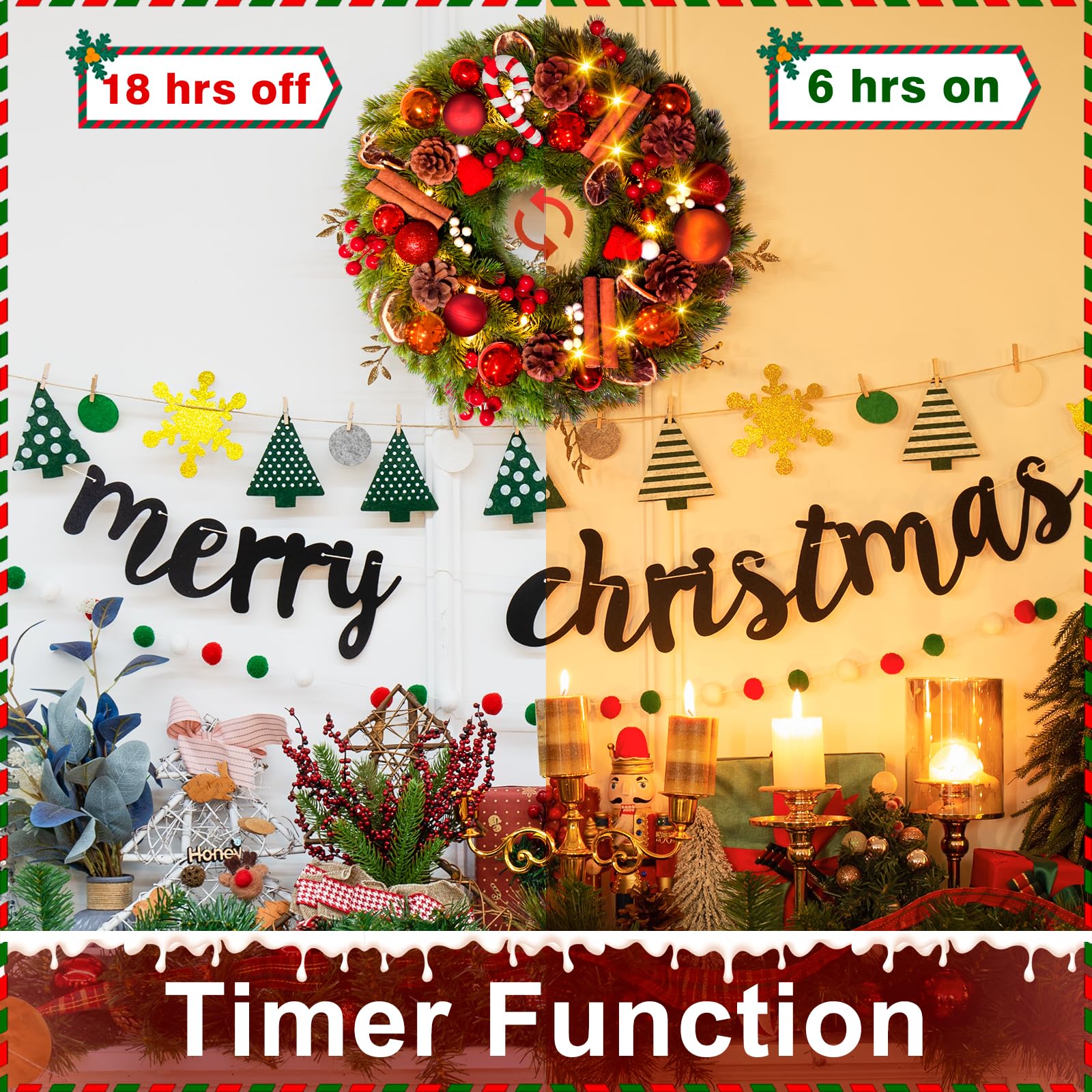 GlobaLink Weihnachtskranz 40cm, Türkranz Weihnachten mit 40 LEDs Timer Batteriebetrieben Künstlicher Kranz mit Zuckerstange Zitronenscheiben und Weihnachtskugeln Weihnachtsdeko für Feste Advent Türe